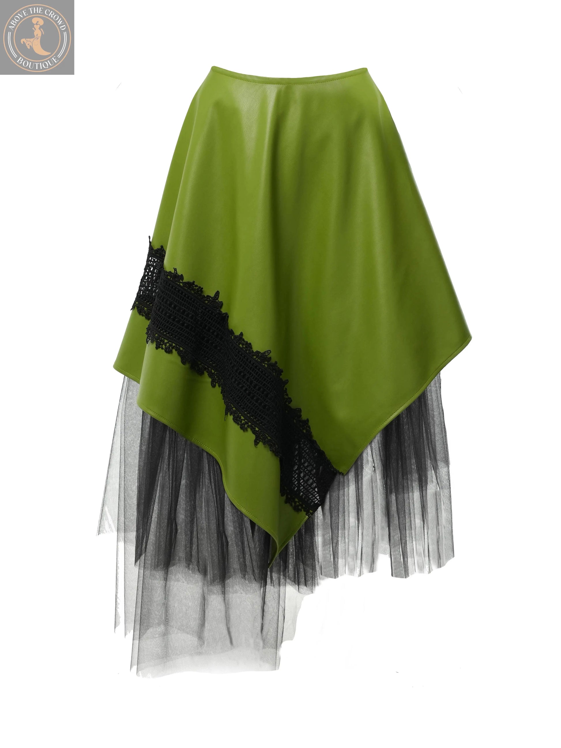 Metamorphosa Vegan Leather Tulle Skirt - Green Boho Midi Skirt Metamorphoza