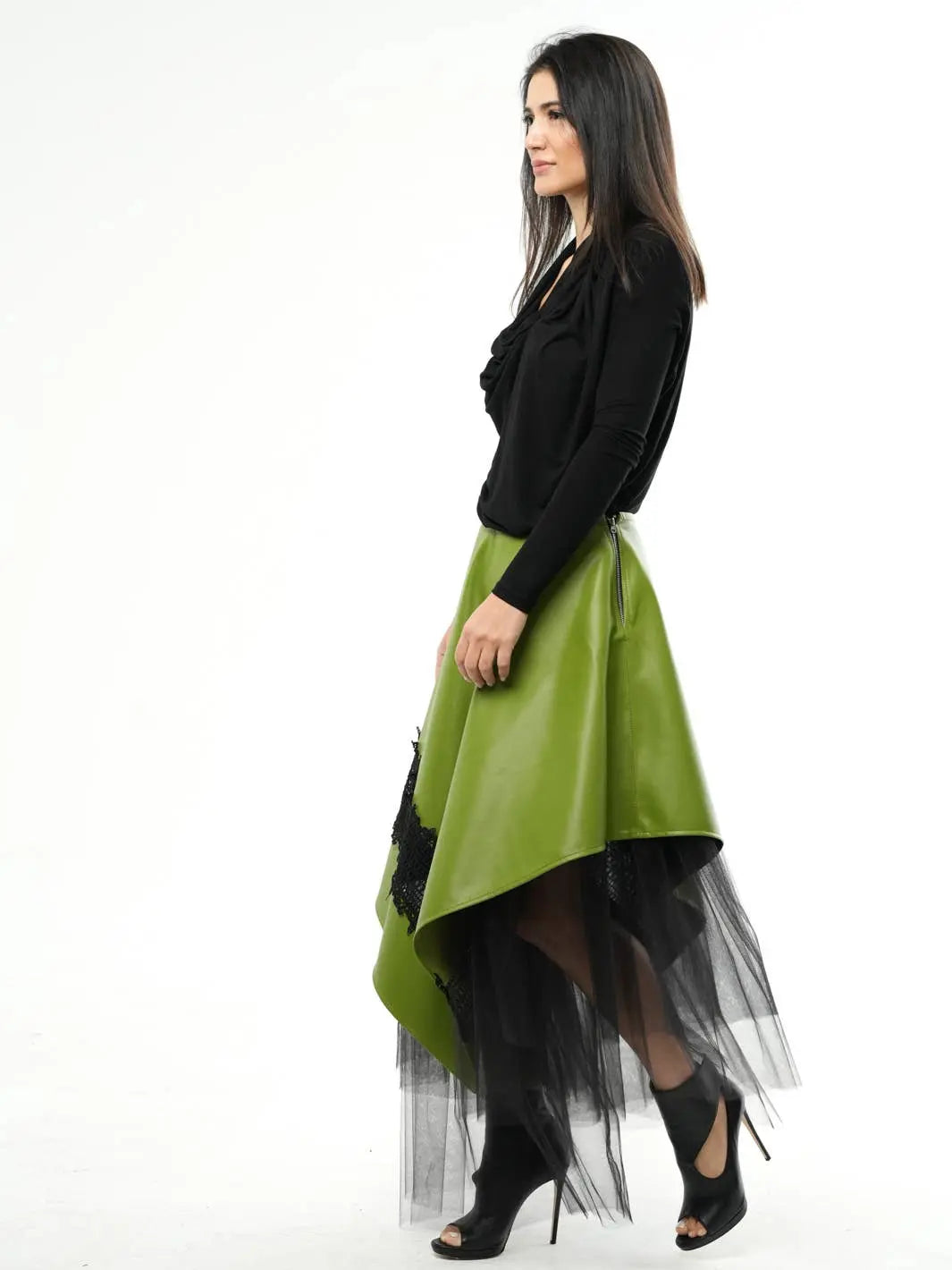 Metamorphosa Vegan Leather Tulle Skirt - Green Boho Midi Skirt Metamorphoza