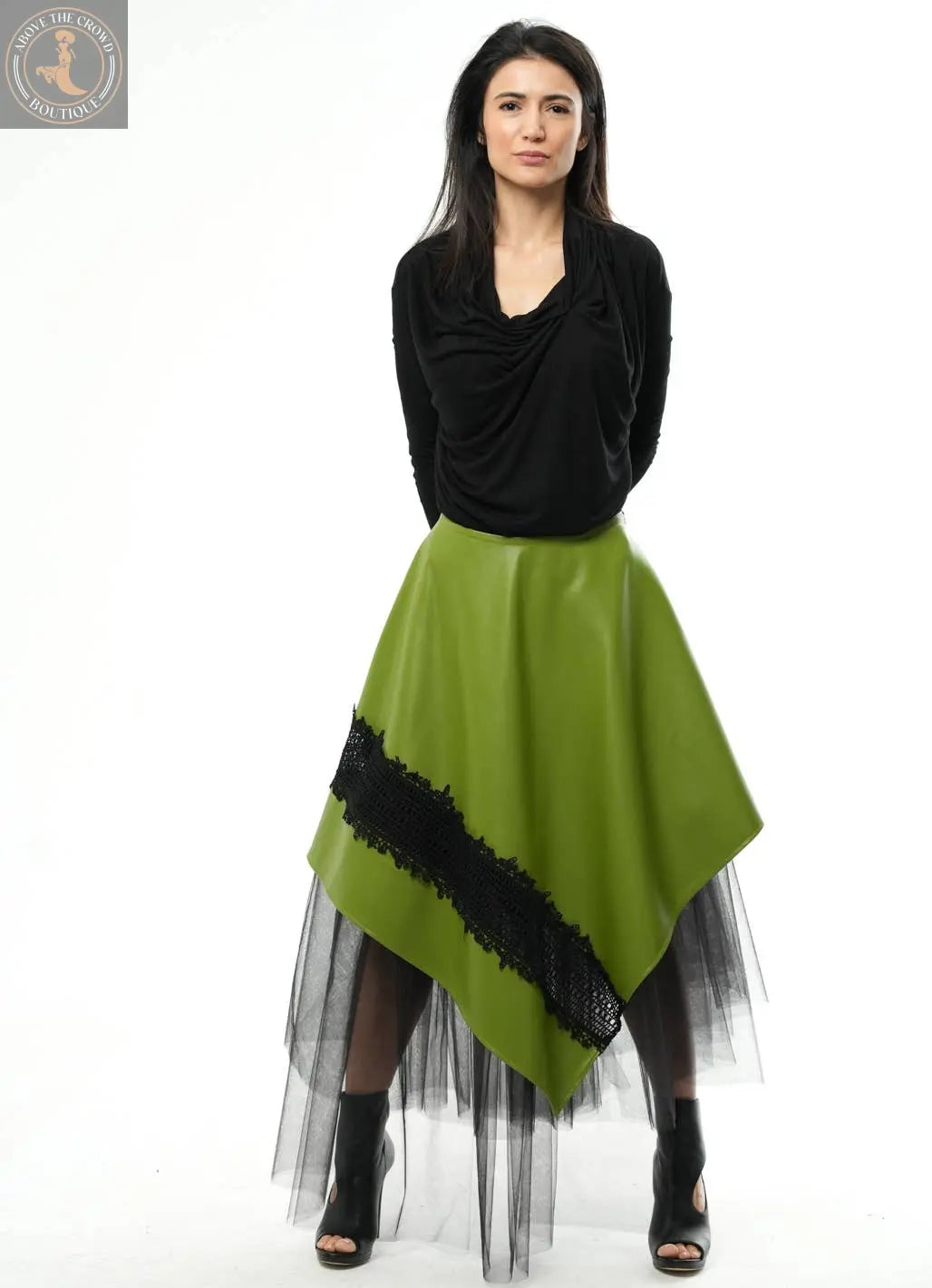 Metamorphosa Vegan Leather Tulle Skirt - Green Boho Midi Skirt Metamorphoza