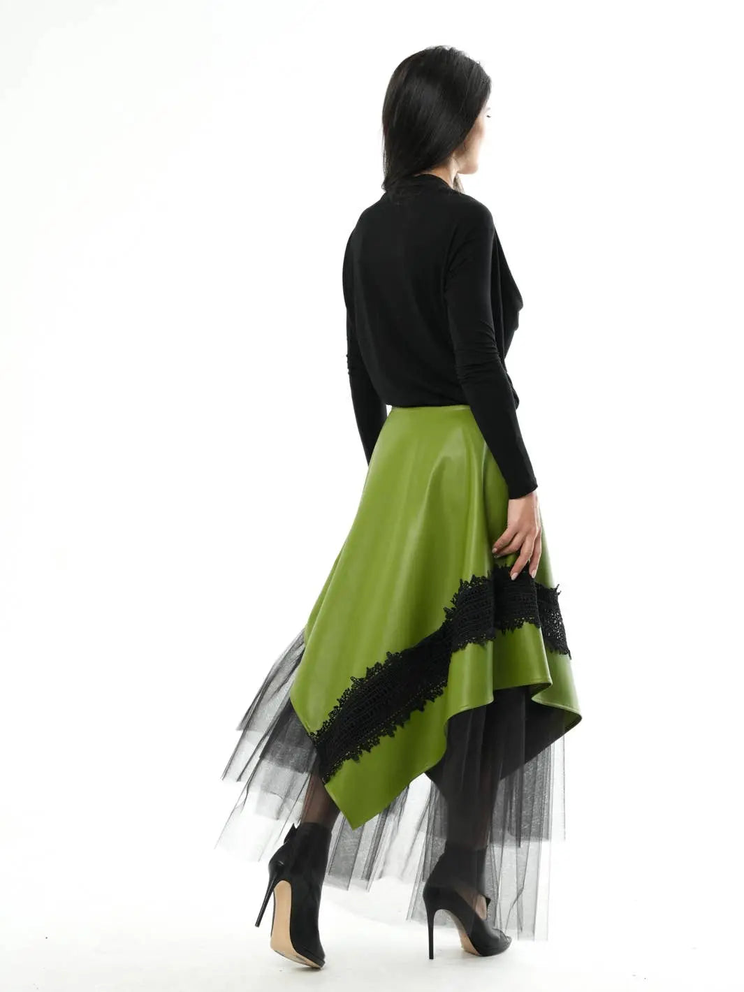 Metamorphosa Vegan Leather Tulle Skirt - Green Boho Midi Skirt Metamorphoza