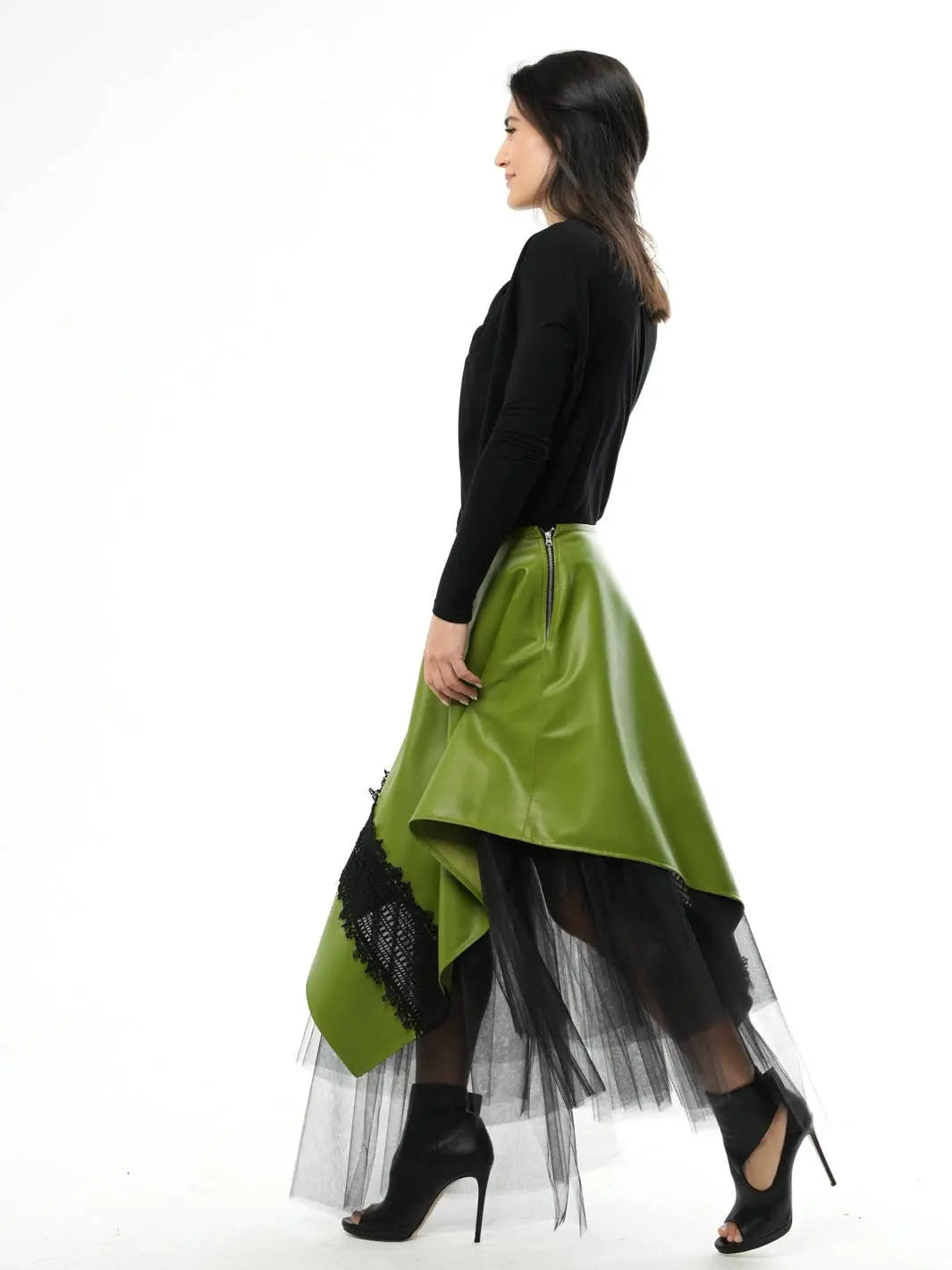 Metamorphosa Vegan Leather Tulle Skirt - Green Boho Midi Skirt Metamorphoza
