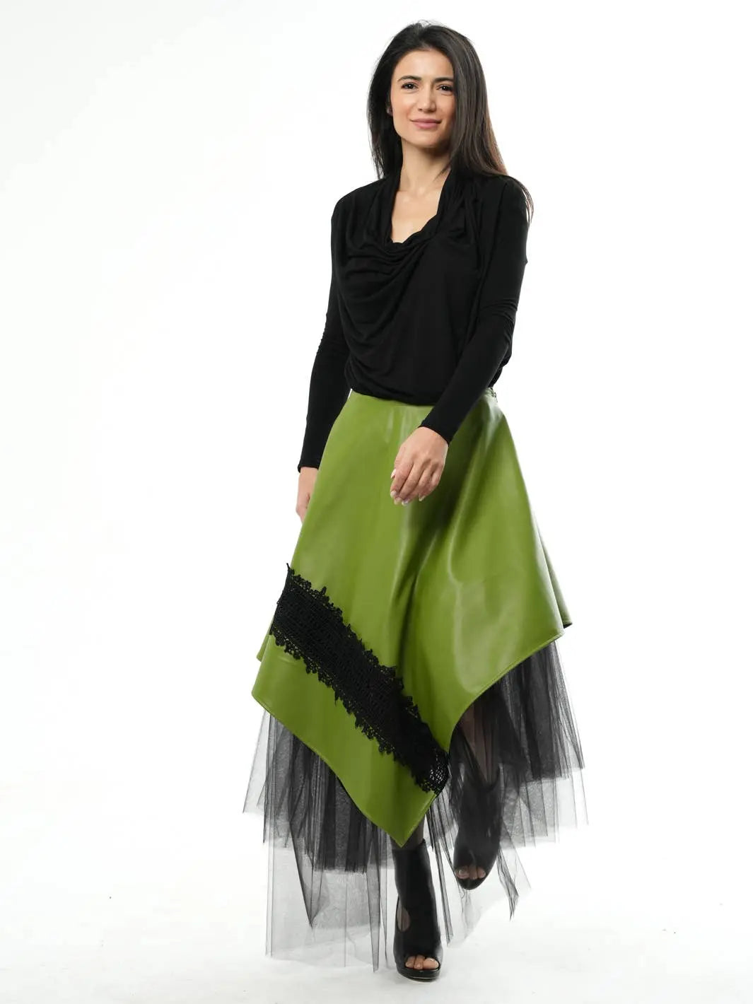 Metamorphosa Vegan Leather Tulle Skirt - Green Boho Midi Skirt Metamorphoza