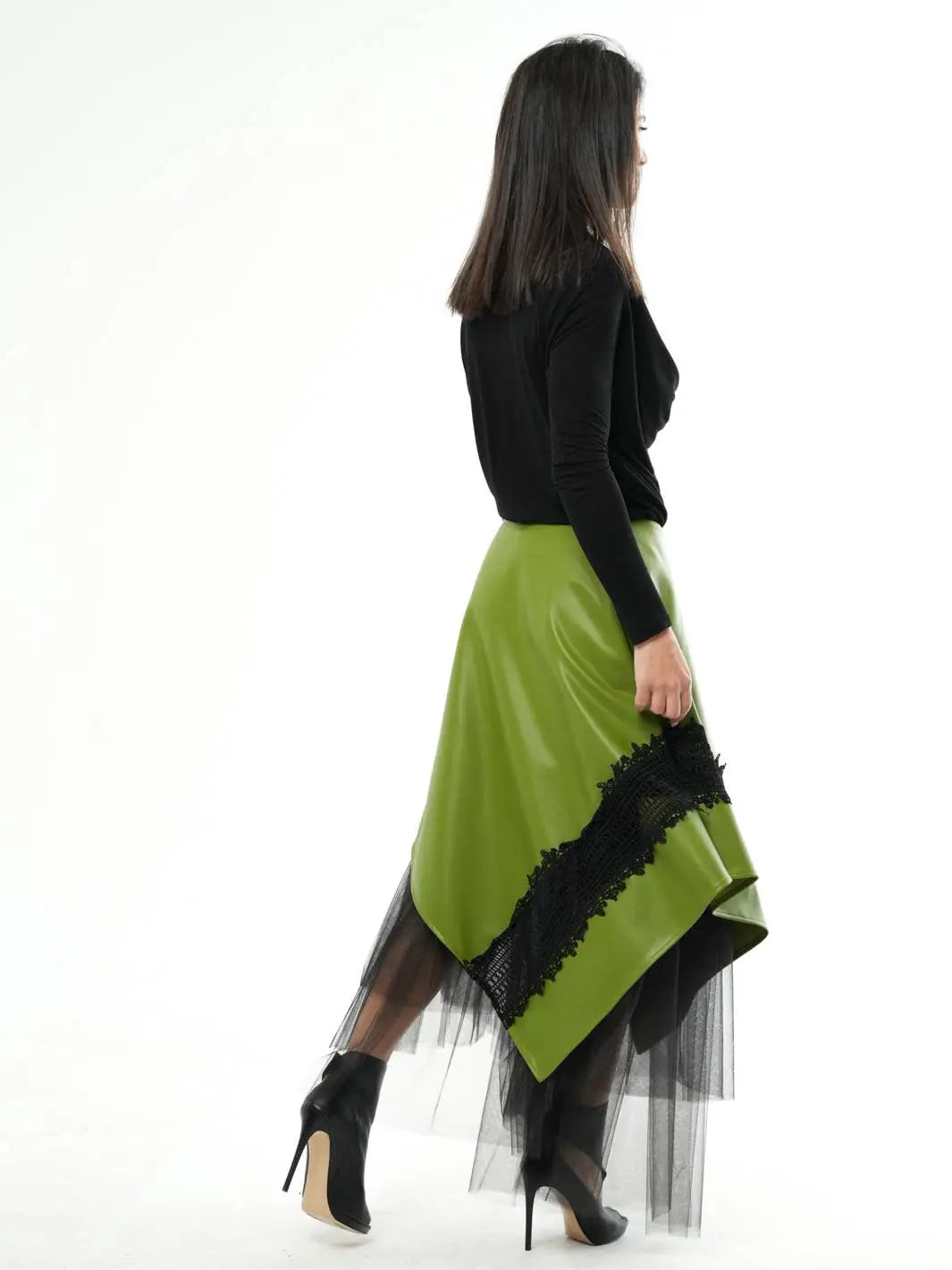 Metamorphosa Vegan Leather Tulle Skirt - Green Boho Midi Skirt Metamorphoza
