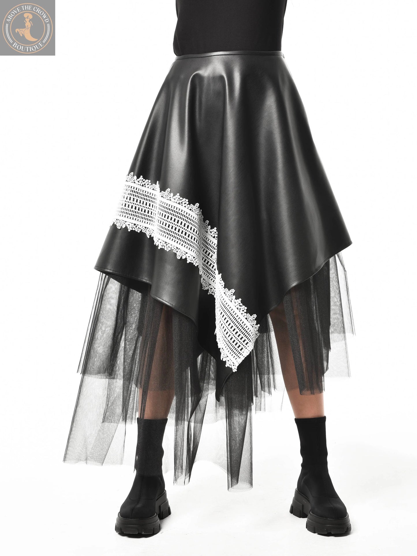 Metamorphoza Avant-Garde Vegan Leather Skirt with White Lace - Unique Boho Style Metamorphoza