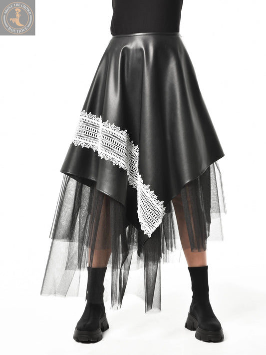 Metamorphoza Avant-Garde Vegan Leather Skirt with White Lace - Unique Boho Style Metamorphoza
