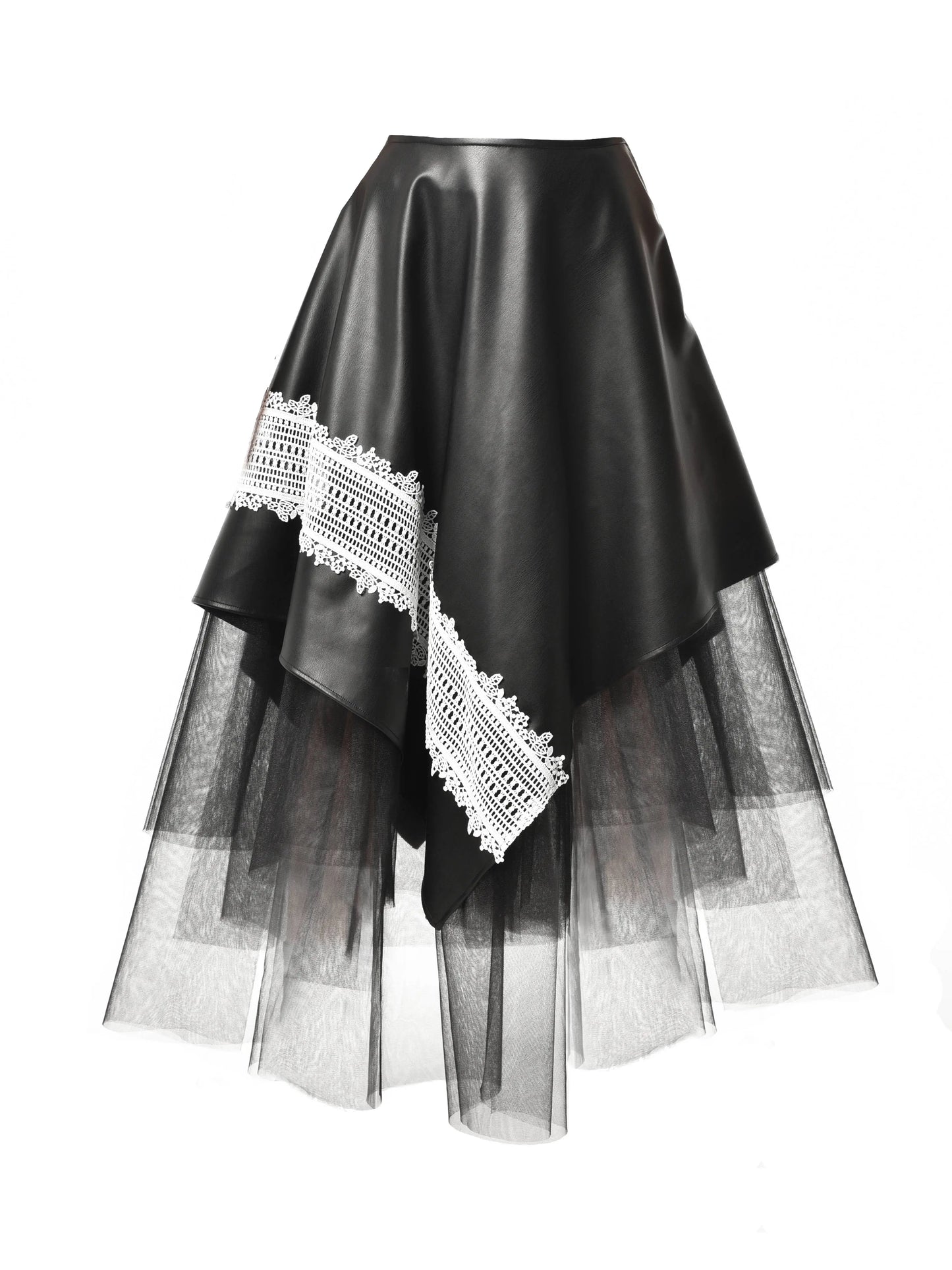 Metamorphoza Avant-Garde Vegan Leather Skirt with White Lace - Unique Boho Style Metamorphoza
