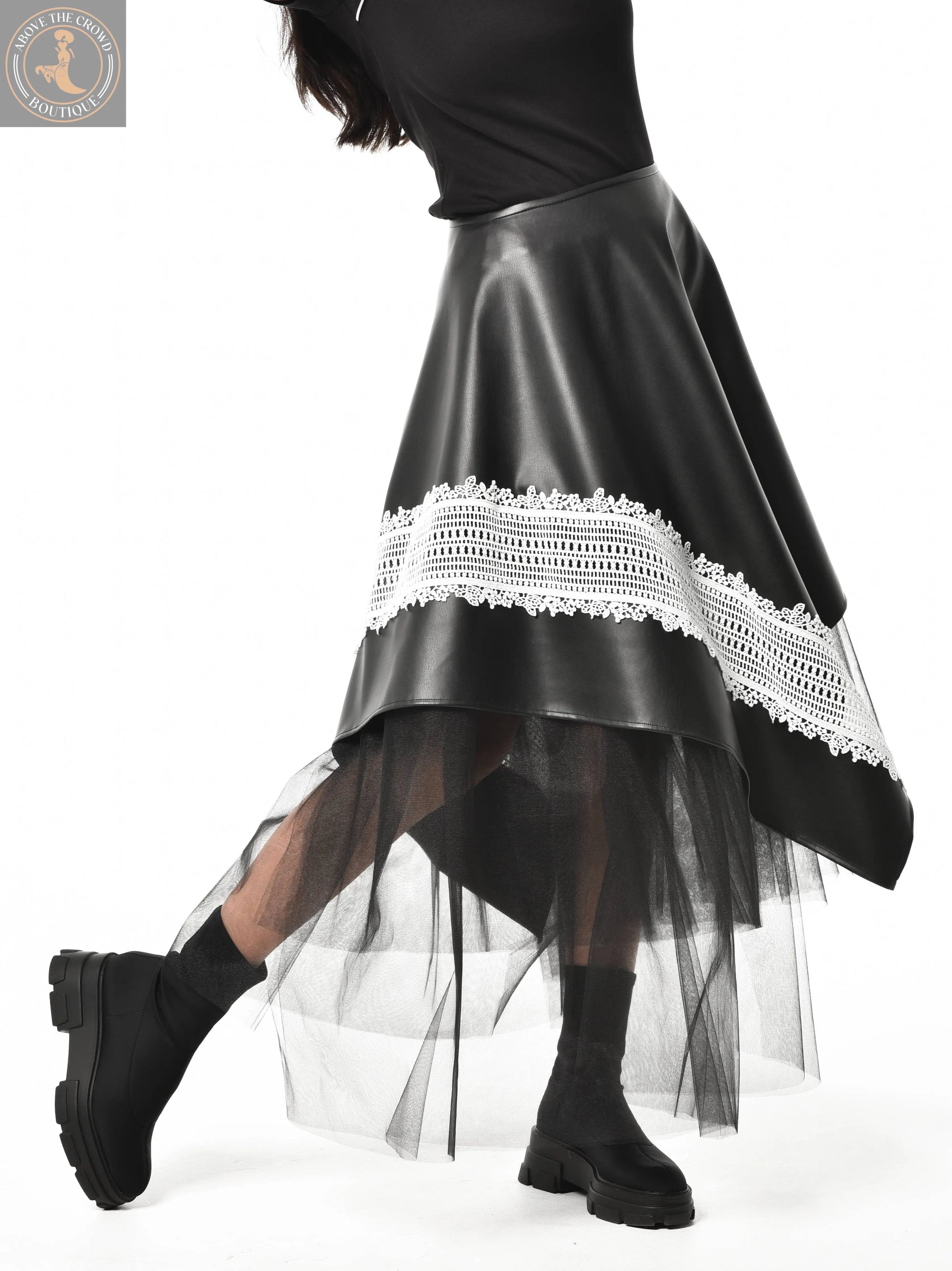 Metamorphoza Avant-Garde Vegan Leather Skirt with White Lace - Unique Boho Style Metamorphoza