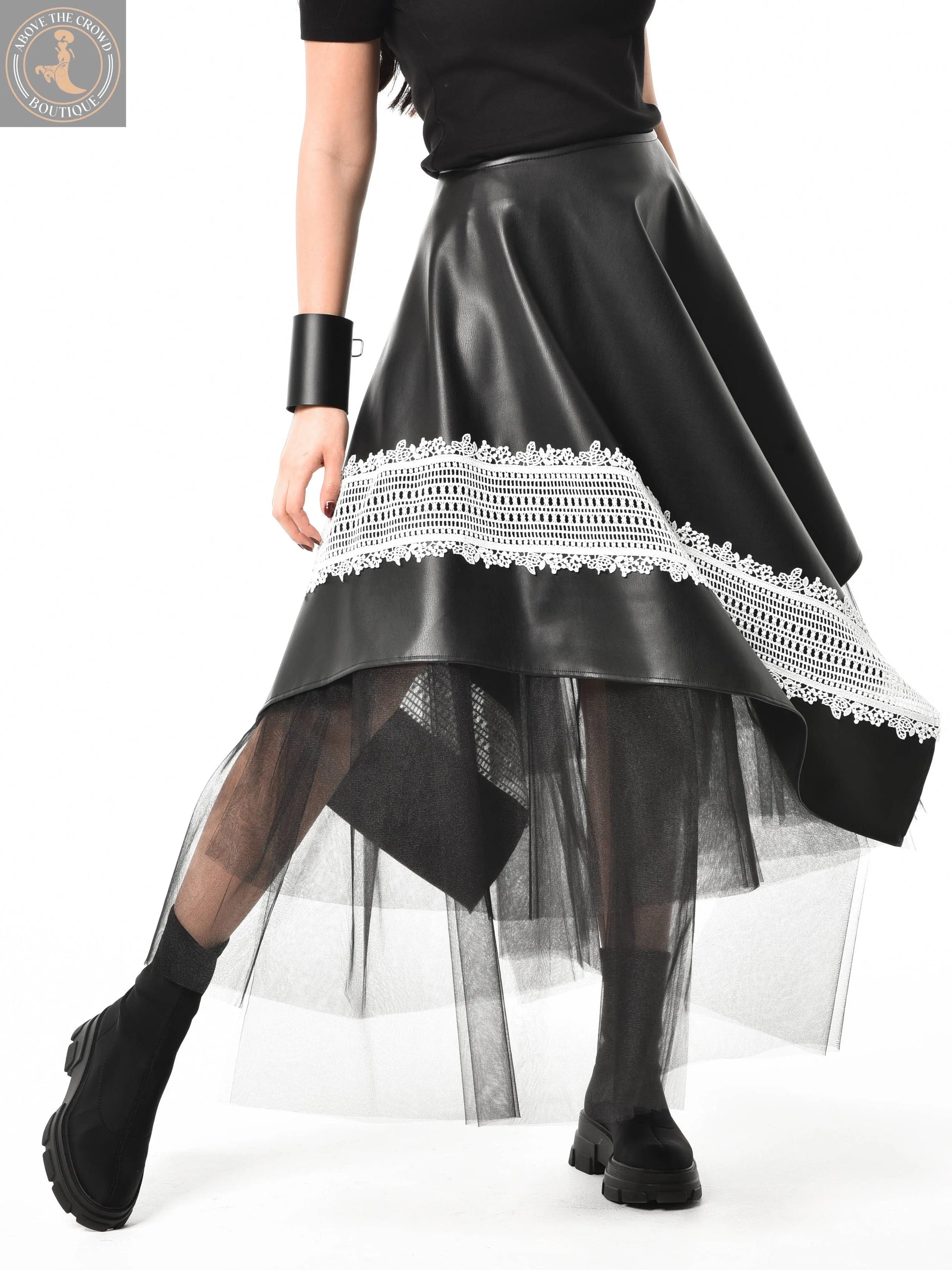 Metamorphoza Avant-Garde Vegan Leather Skirt with White Lace - Unique Boho Style Metamorphoza