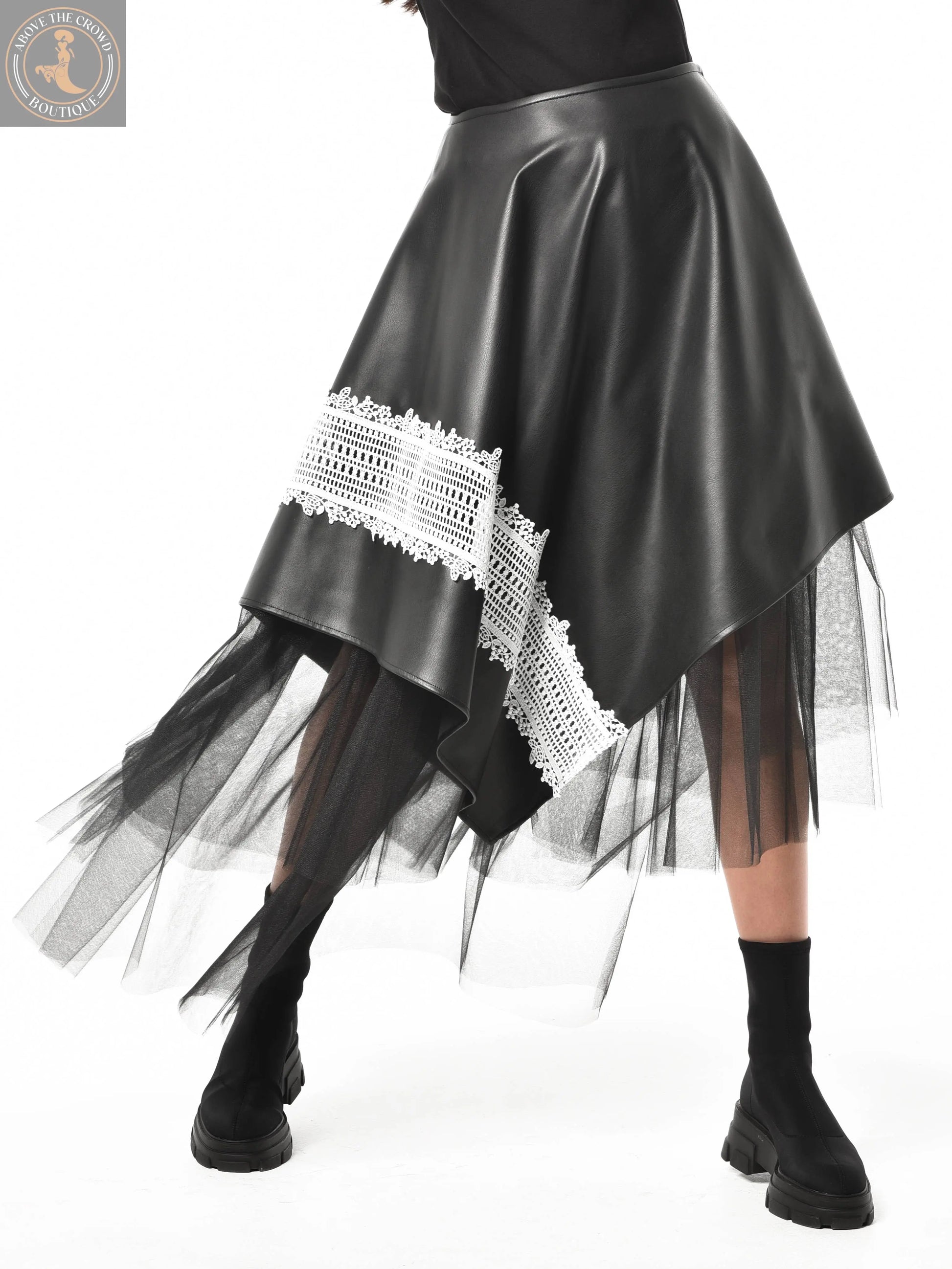 Metamorphoza Avant-Garde Vegan Leather Skirt with White Lace - Unique Boho Style Metamorphoza