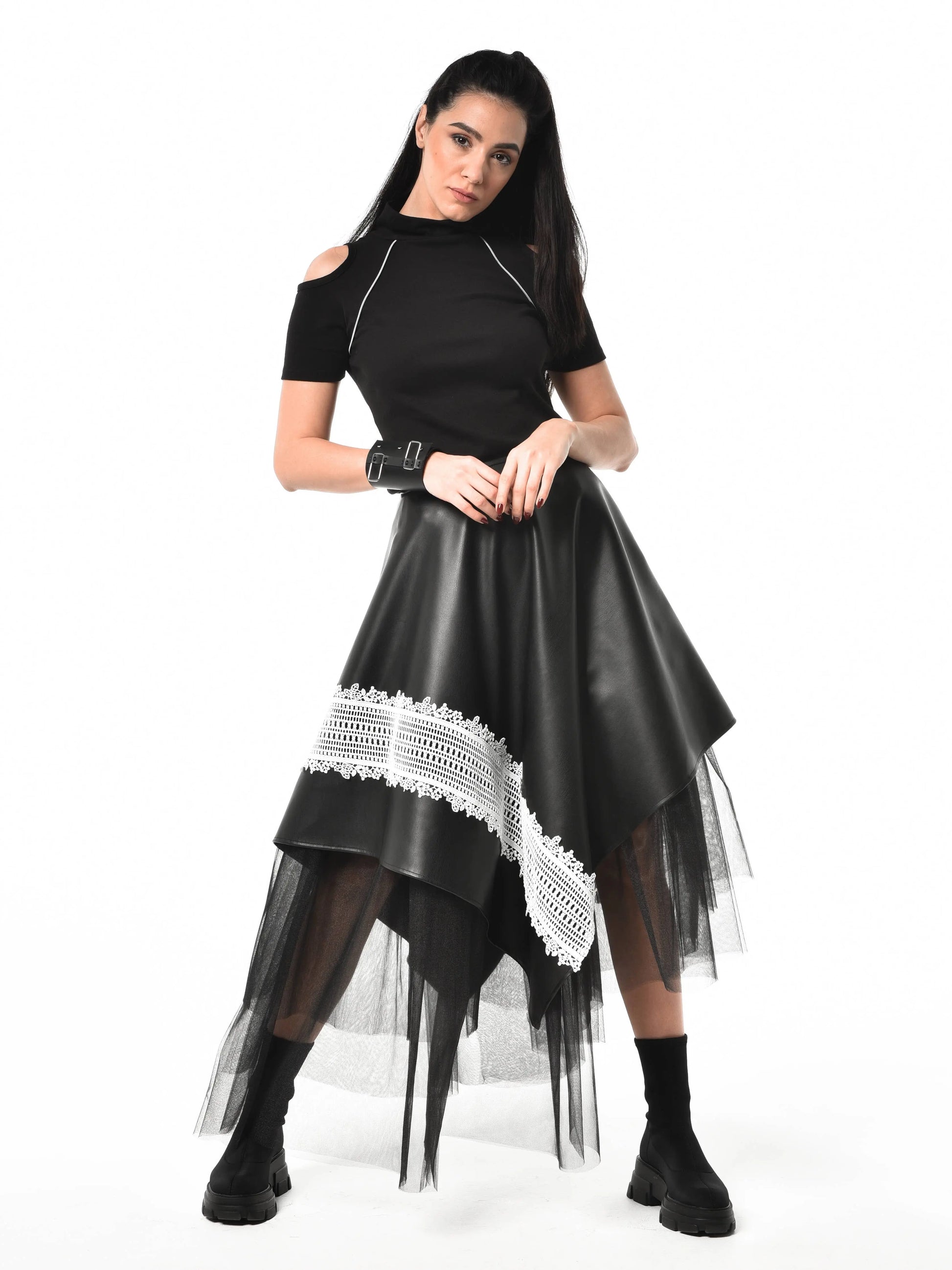 Metamorphoza Avant-Garde Vegan Leather Skirt with White Lace - Unique Boho Style Metamorphoza