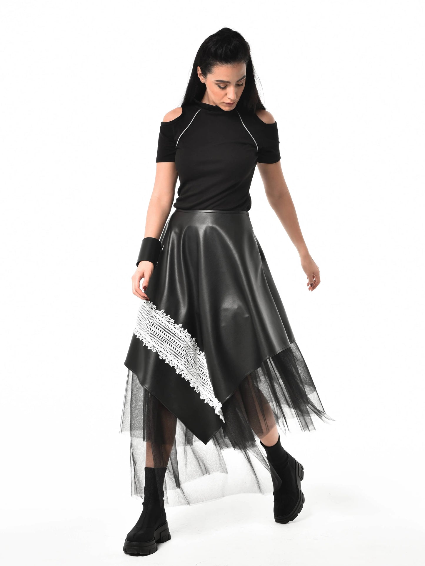 Metamorphoza Avant-Garde Vegan Leather Skirt with White Lace - Unique Boho Style Metamorphoza