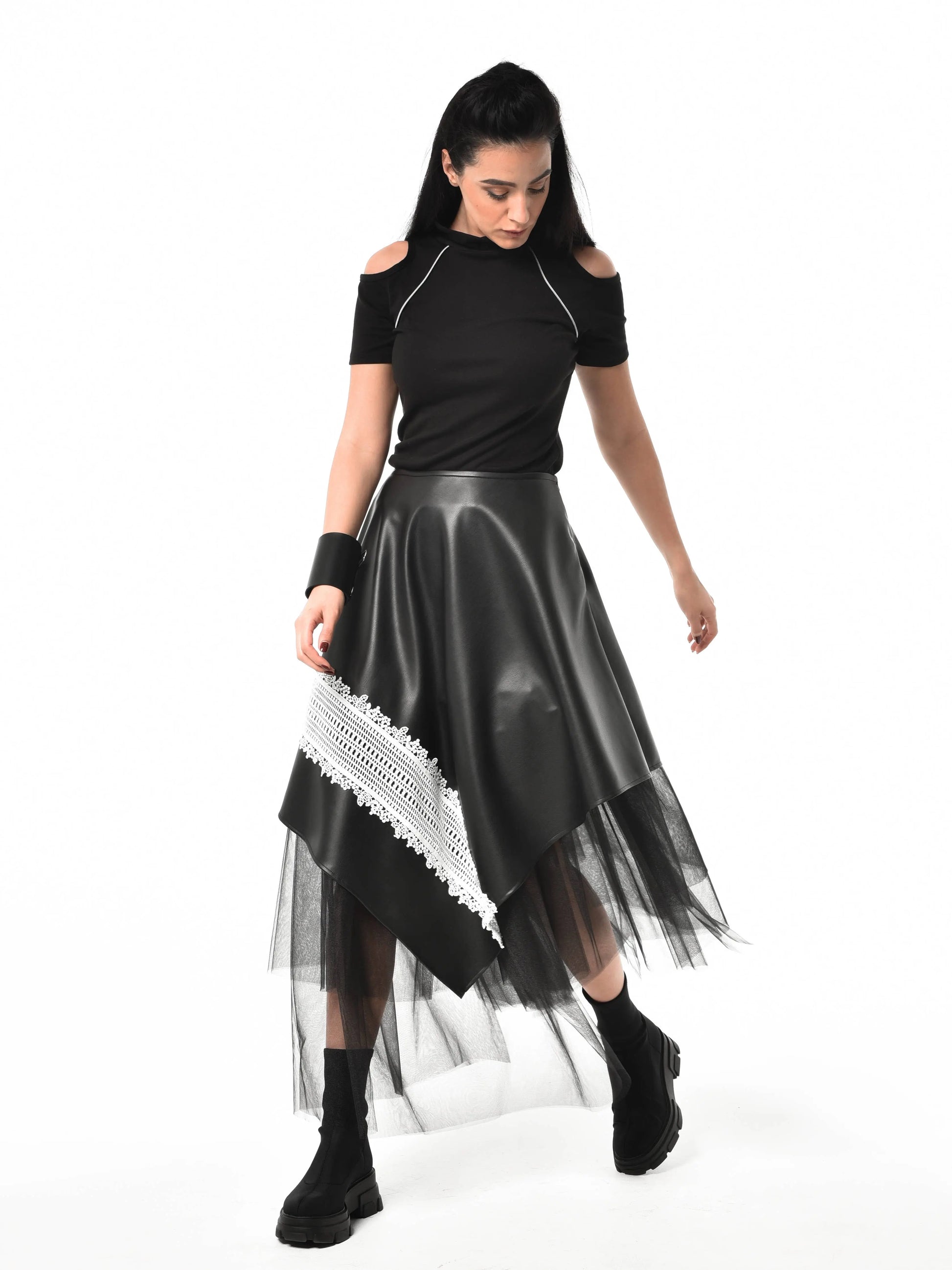 Metamorphoza Avant-Garde Vegan Leather Skirt with White Lace - Unique Boho Style Metamorphoza