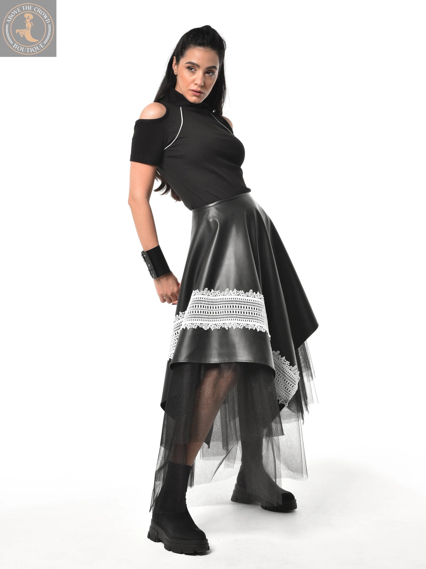 Metamorphoza Avant-Garde Vegan Leather Skirt with White Lace - Unique Boho Style Metamorphoza