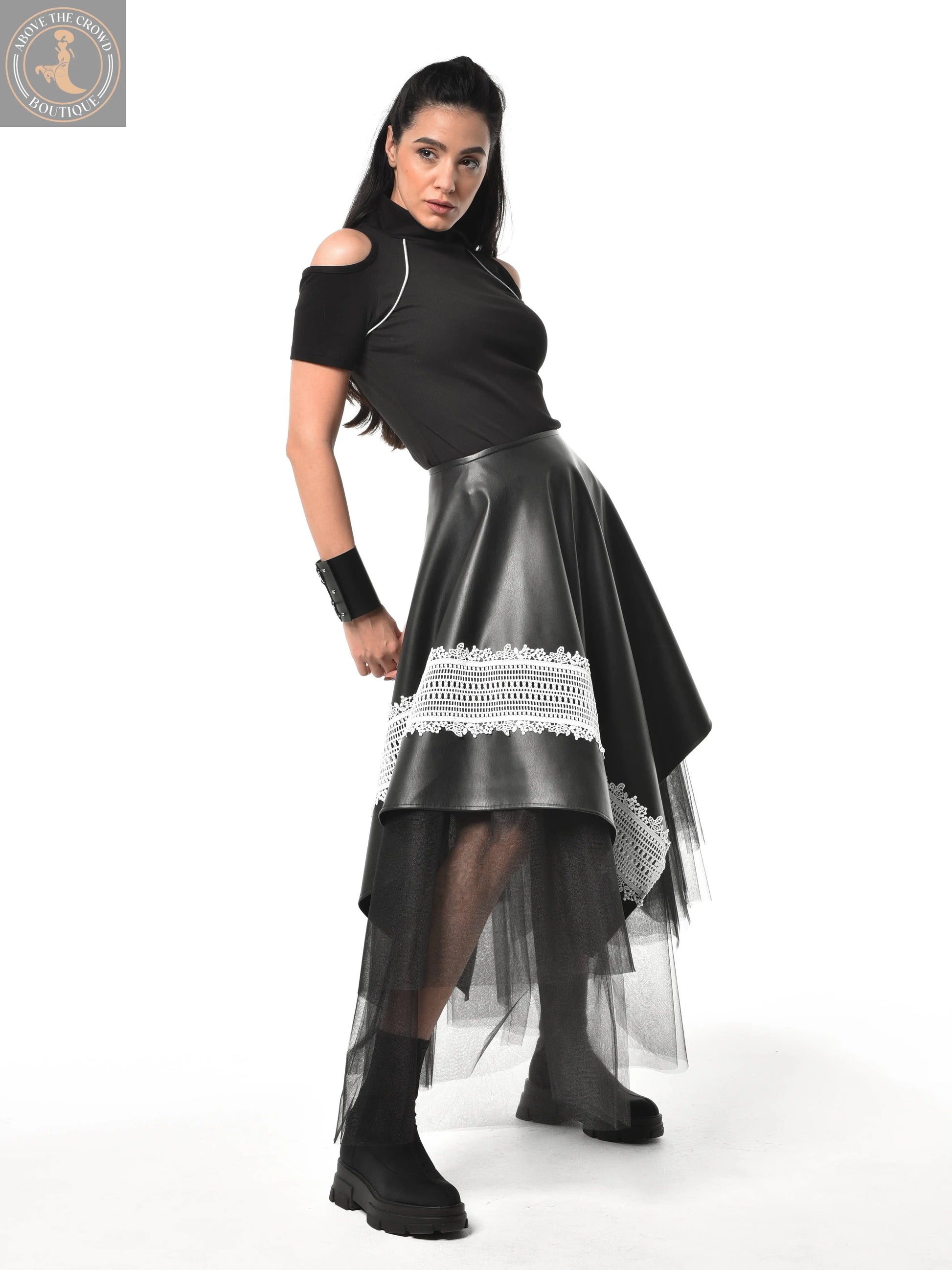 Metamorphoza Avant-Garde Vegan Leather Skirt with White Lace - Unique Boho Style Metamorphoza