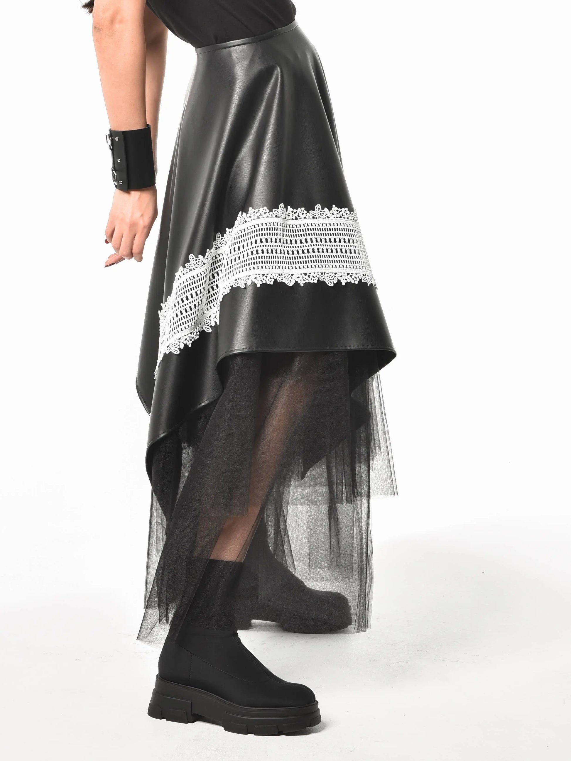 Metamorphoza Avant-Garde Vegan Leather Skirt with White Lace - Unique Boho Style Metamorphoza