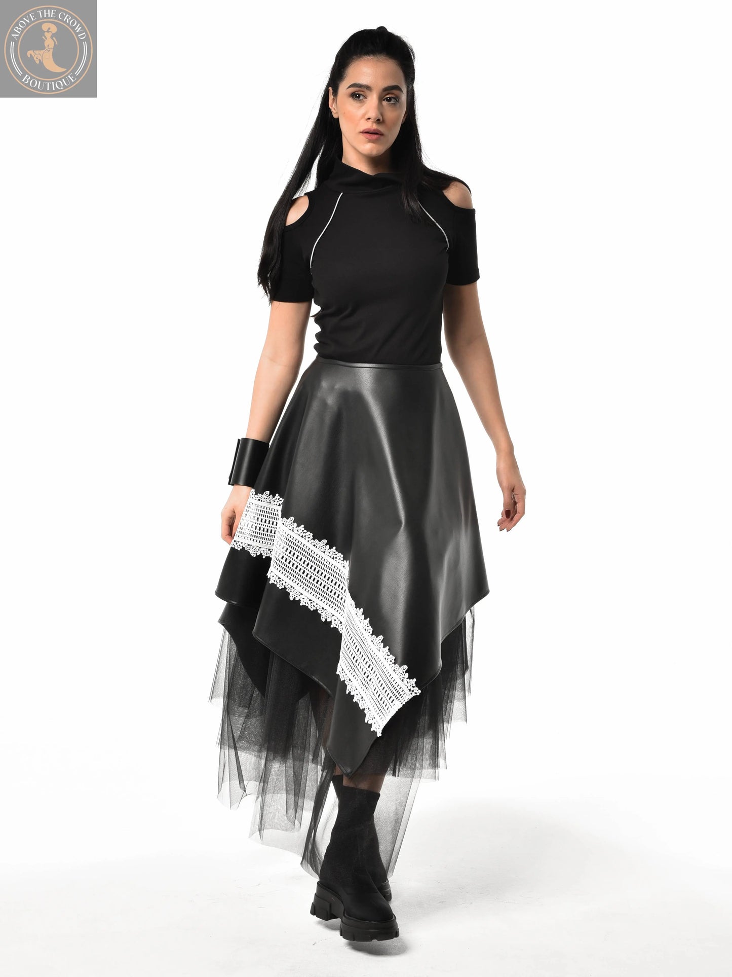 Metamorphoza Avant-Garde Vegan Leather Skirt with White Lace - Unique Boho Style Metamorphoza