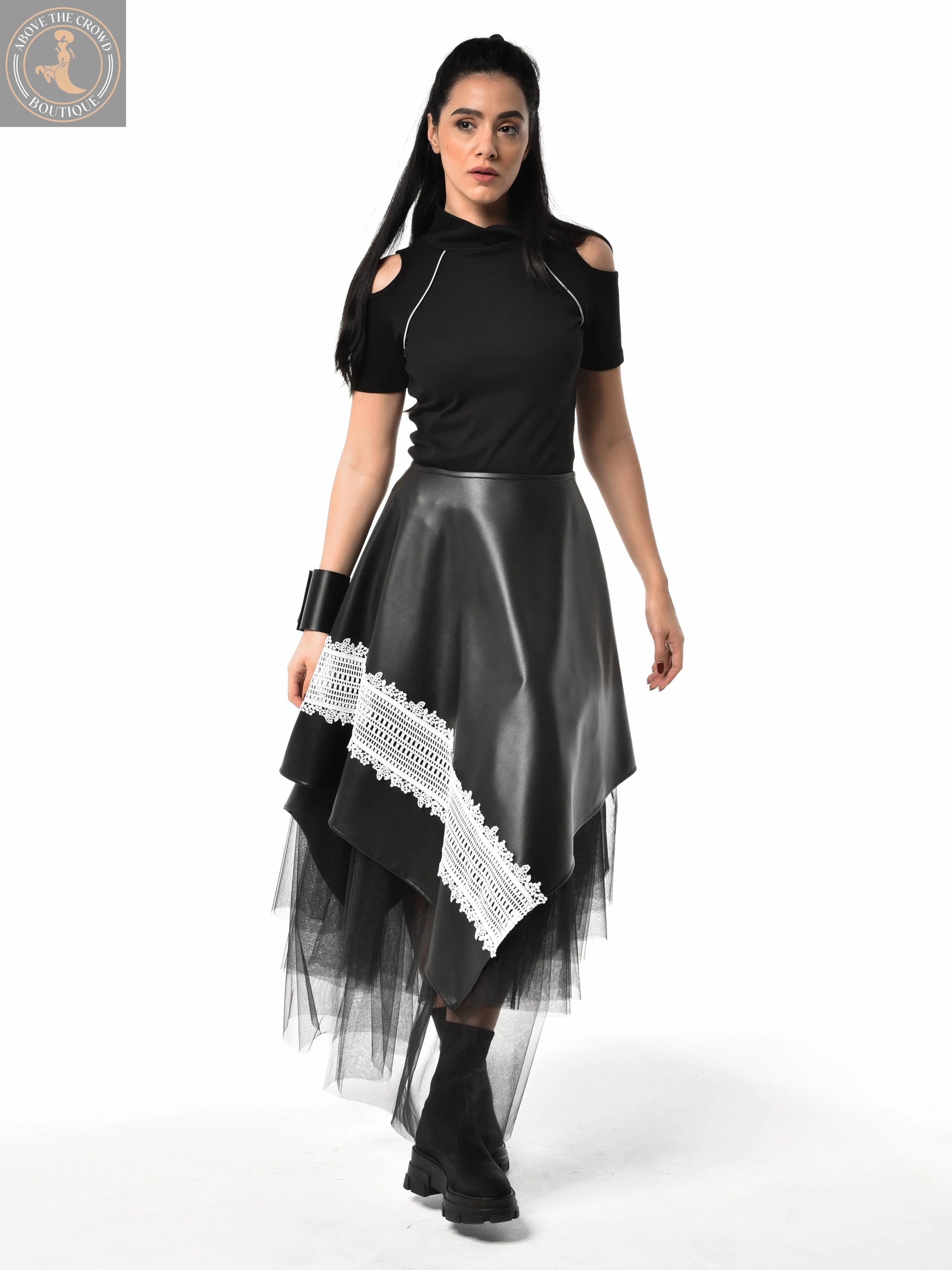 Metamorphoza Avant-Garde Vegan Leather Skirt with White Lace - Unique Boho Style Metamorphoza
