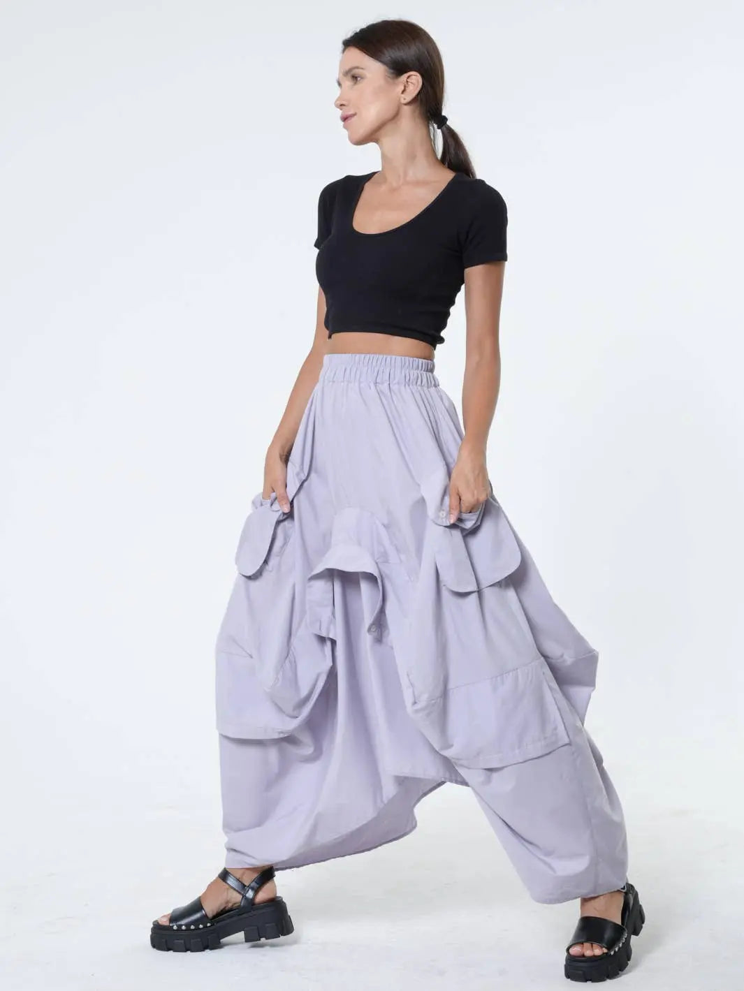 Metamorphoza Draped Maxi Skirt - Gray Cotton Skirt with Pockets - Unique European Style Metamorphoza