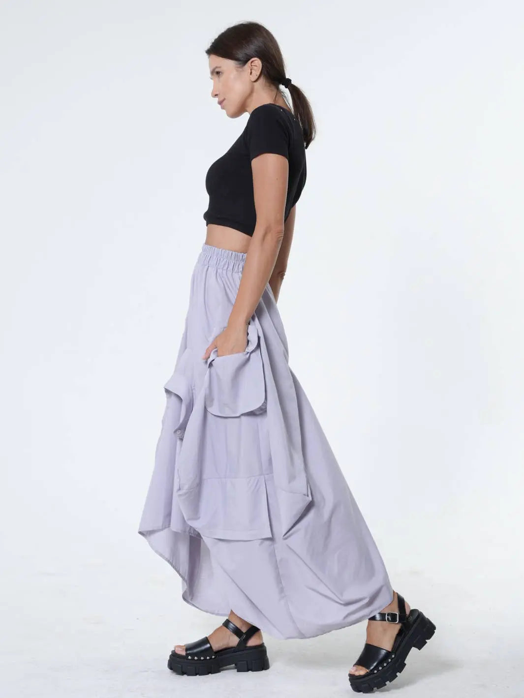Metamorphoza Draped Maxi Skirt - Gray Cotton Skirt with Pockets - Unique European Style Metamorphoza