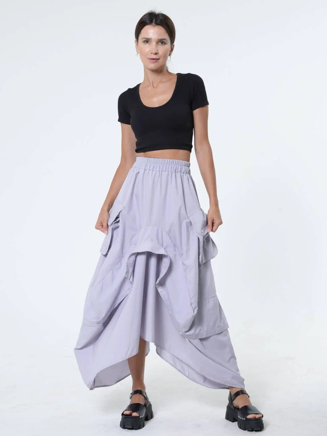 Metamorphoza Draped Maxi Skirt - Gray Cotton Skirt with Pockets - Unique European Style Metamorphoza
