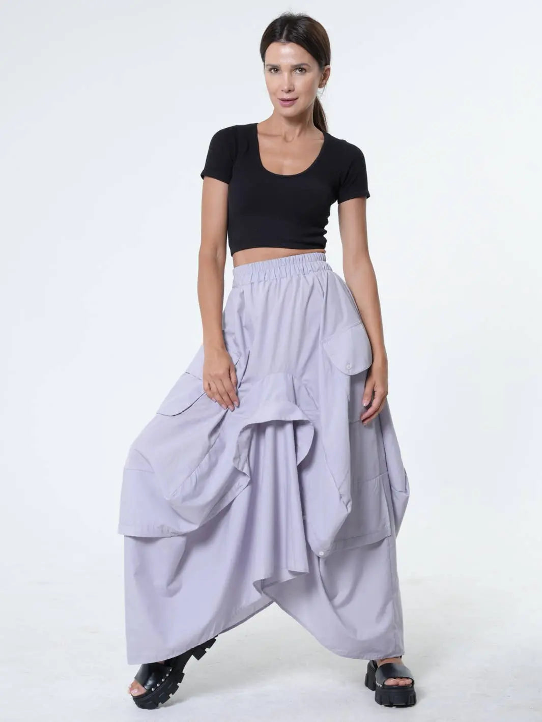 Metamorphoza Draped Maxi Skirt - Gray Cotton Skirt with Pockets - Unique European Style Metamorphoza