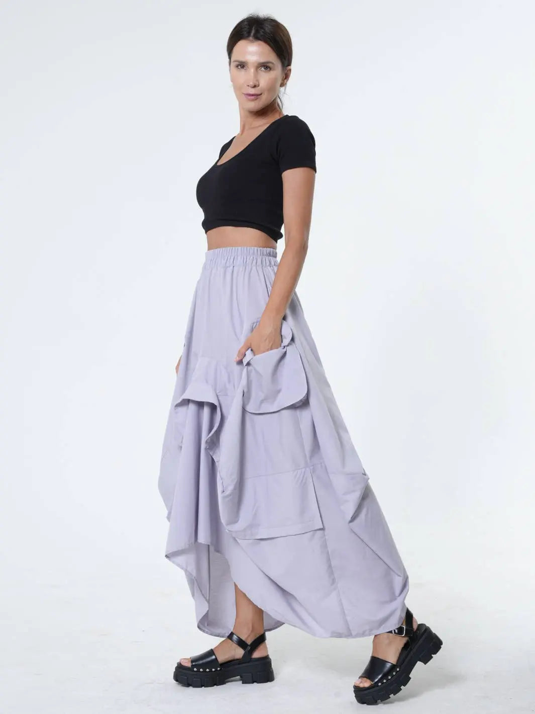 Metamorphoza Draped Maxi Skirt - Gray Cotton Skirt with Pockets - Unique European Style Metamorphoza