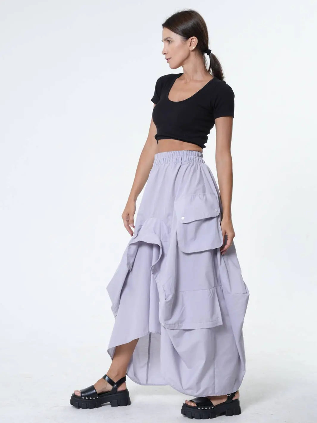 Metamorphoza Draped Maxi Skirt - Gray Cotton Skirt with Pockets - Unique European Style Metamorphoza