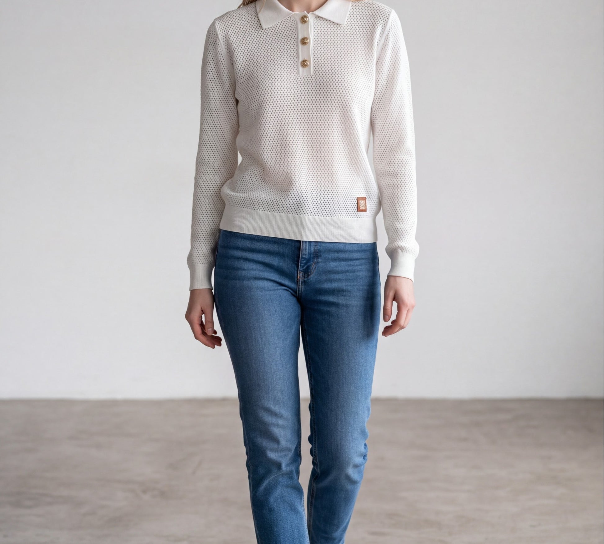 Openwork Knit Polo Shirt with Gold-Tone Buttons - Above the Crowd Boutique