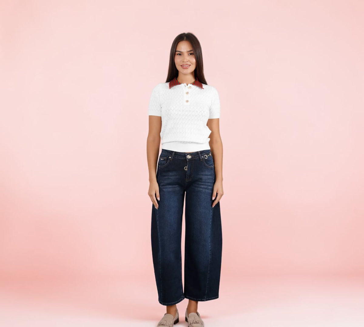 Dark Wash High-Rise Cropped Barrel-Leg Jeans with Gold-Tone Hardware - Above the Crowd Boutique