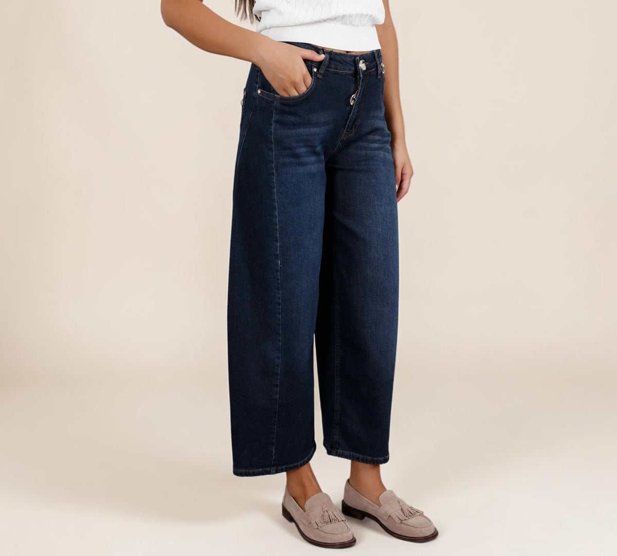 Dark Wash High-Rise Cropped Barrel-Leg Jeans with Gold-Tone Hardware - Above the Crowd Boutique