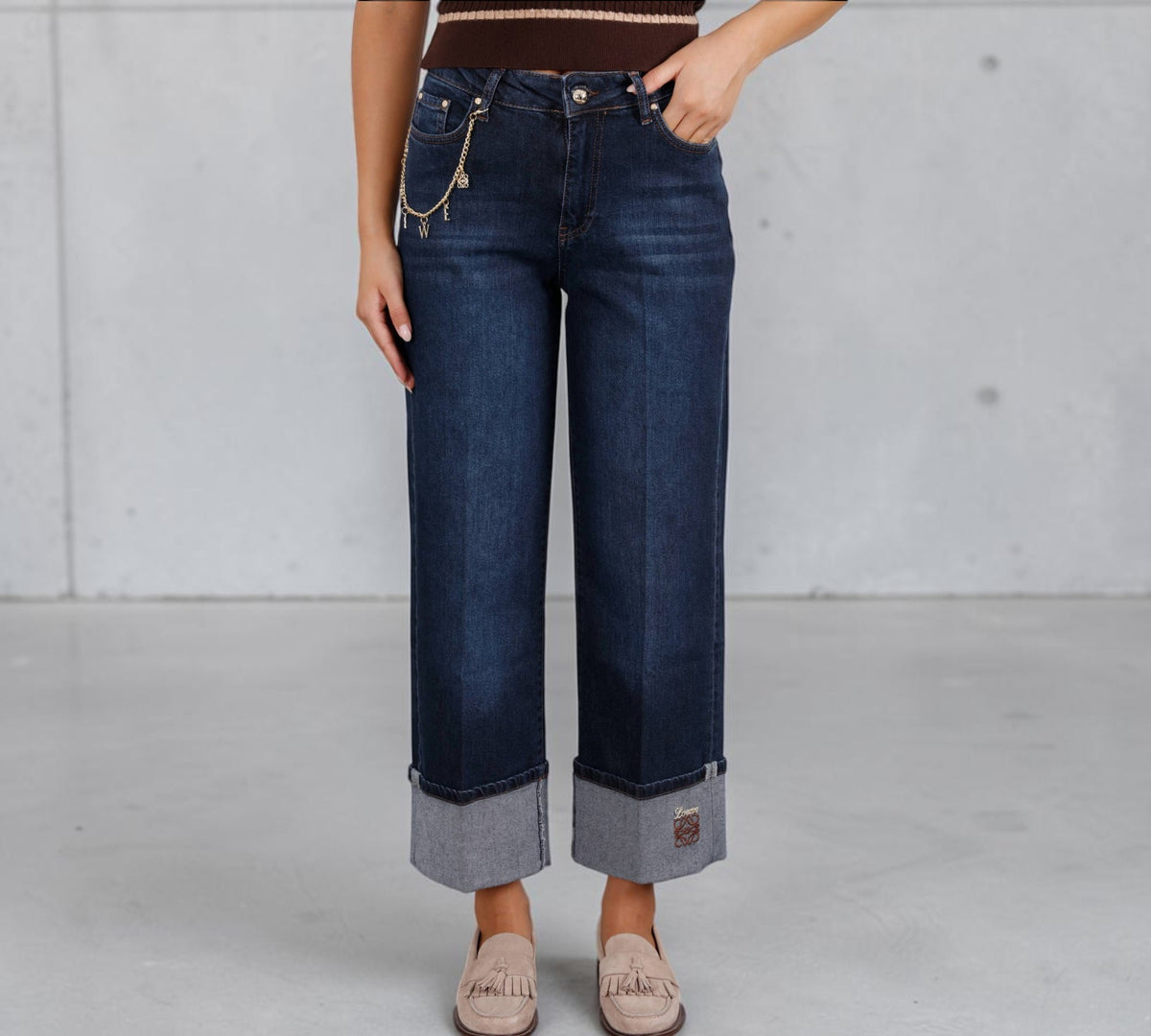 Dark Indigo Wide-Leg Cuffed Jeans with Gold-Tone Charm Chain - Above the Crowd Boutique