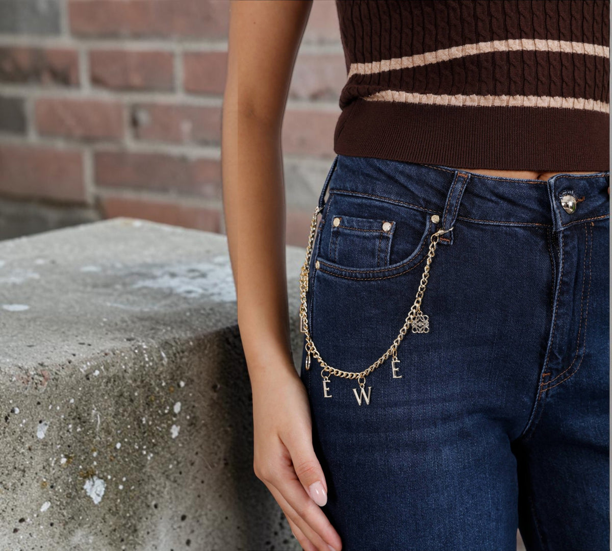 Dark Indigo Wide-Leg Cuffed Jeans with Gold-Tone Charm Chain - Above the Crowd Boutique