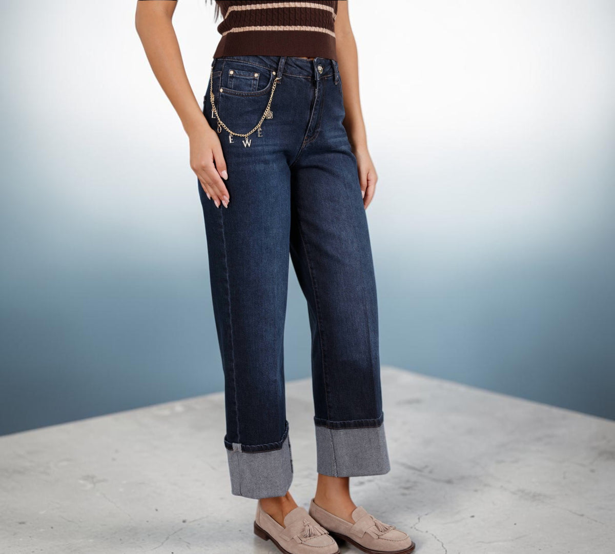 Dark Indigo Wide-Leg Cuffed Jeans with Gold-Tone Charm Chain - Above the Crowd Boutique