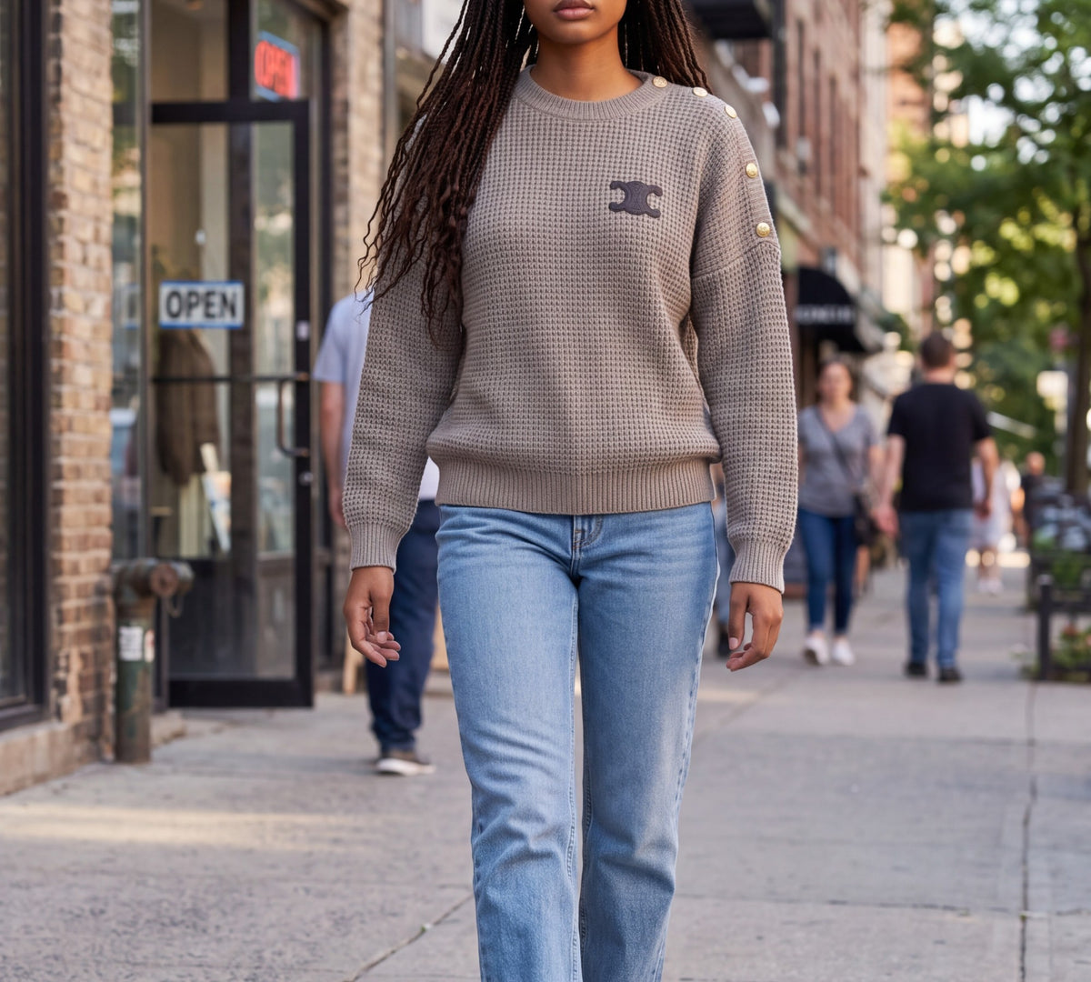 Taupe Textured Knit Statement Sweater with Gold-Tone Shoulder Buttons - bove the Crowd Boutique