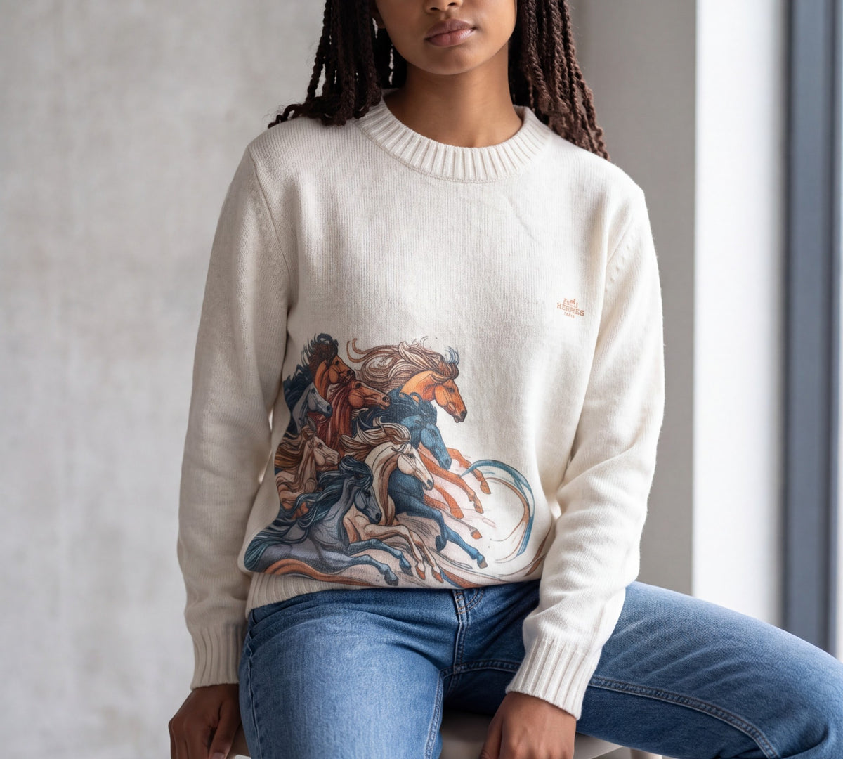 Ivory Equestrian Horse Graphic Knit Sweater - Above the Crowd Boutique