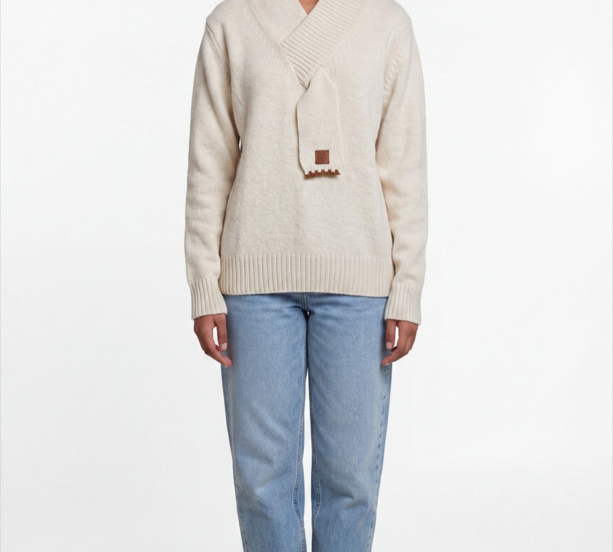 Ivory Scarf-Neck Knit Sweater with Ribbed Trim - Above the Crowd Boutique