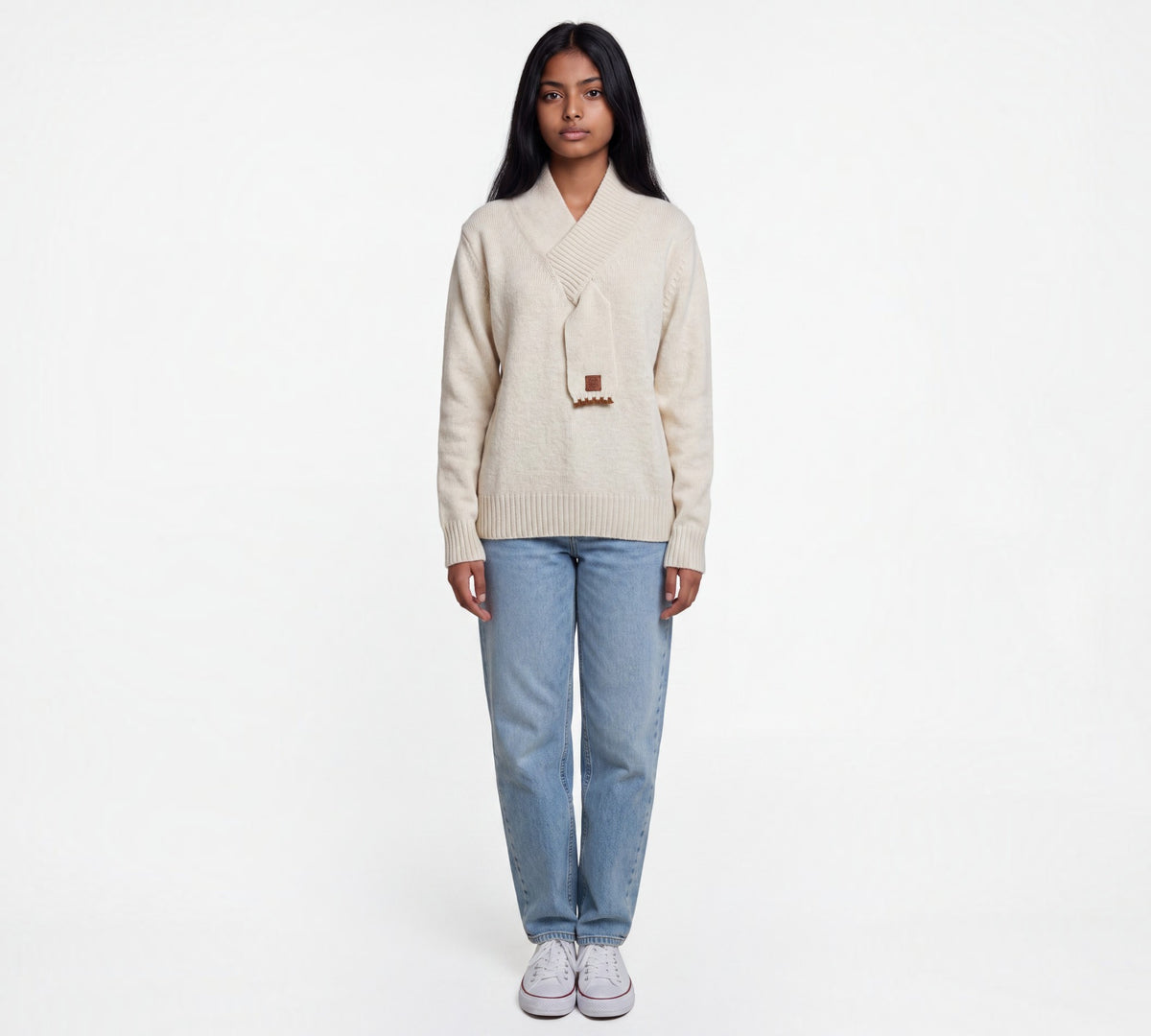 Ivory Scarf-Neck Knit Sweater with Ribbed Trim - Above the Crowd Boutique