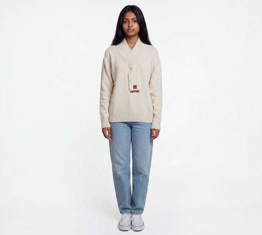 Ivory Scarf-Neck Knit Sweater with Ribbed Trim - Above the Crowd Boutique
