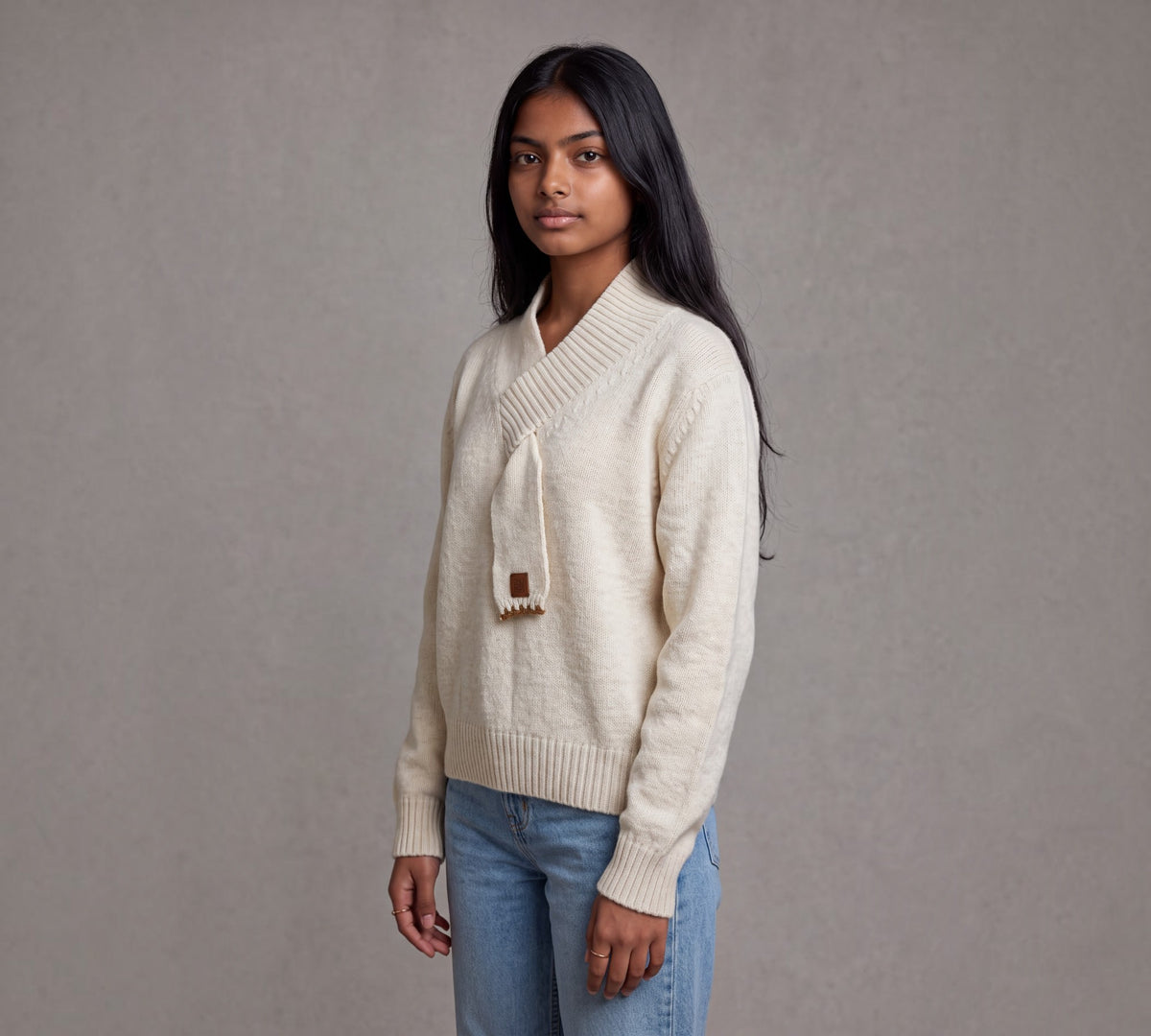 Ivory Scarf-Neck Knit Sweater with Ribbed Trim - Above the Crowd Boutique
