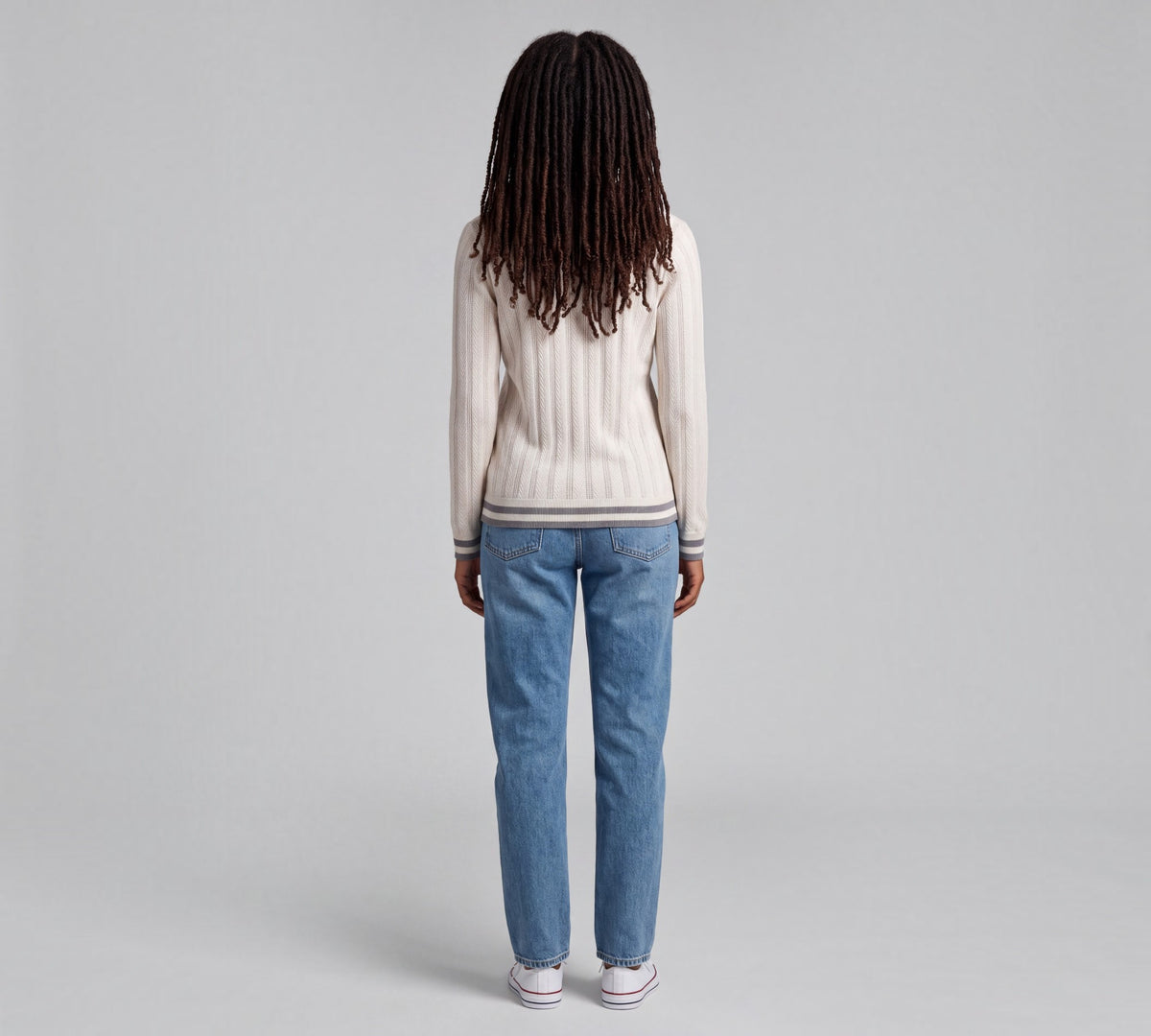 Ivory Textured Knit Long-Sleeve Polo Sweater with Contrast Stripe Trim - Above the Crowd Boutique
