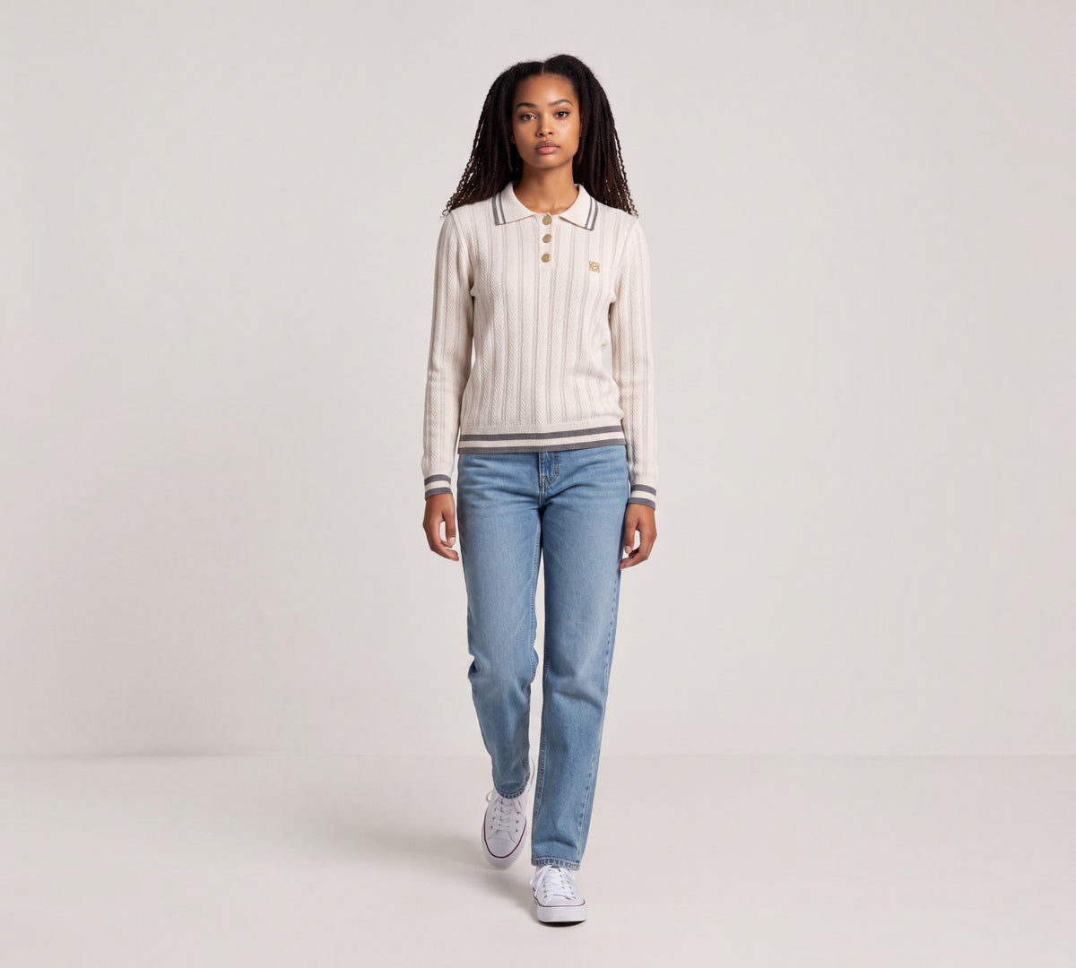Ivory Textured Knit Long-Sleeve Polo Sweater with Contrast Stripe Trim - Above the Crowd Boutique