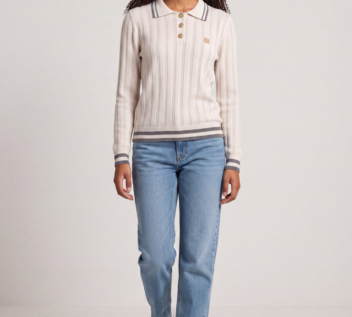 Ivory Textured Knit Long-Sleeve Polo Sweater with Contrast Stripe Trim - Above the Crowd Boutique