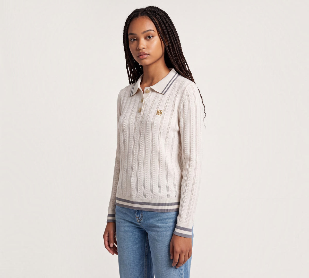 Ivory Textured Knit Long-Sleeve Polo Sweater with Contrast Stripe Trim - Above the Crowd Boutique