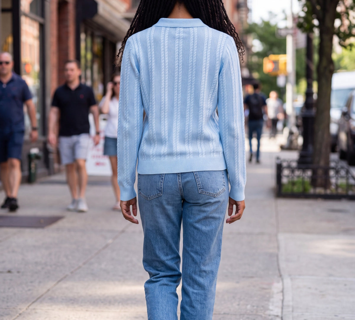 Powder Blue Cable-Knit Polo Sweater with Gold-Tone Buttons - Above the Crowd Boutique