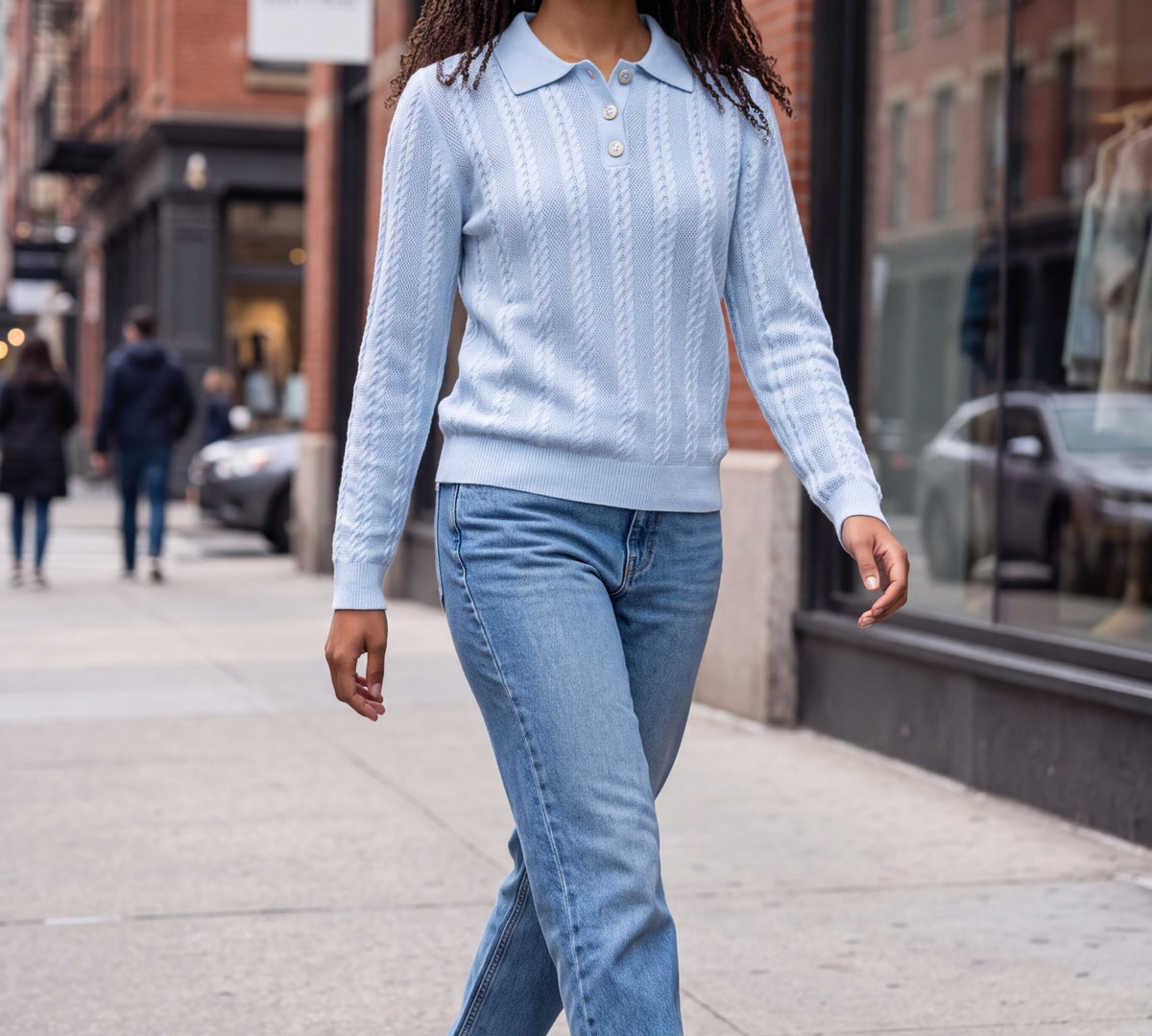 Powder Blue Cable-Knit Polo Sweater with Gold-Tone Buttons - Above the Crowd Boutique