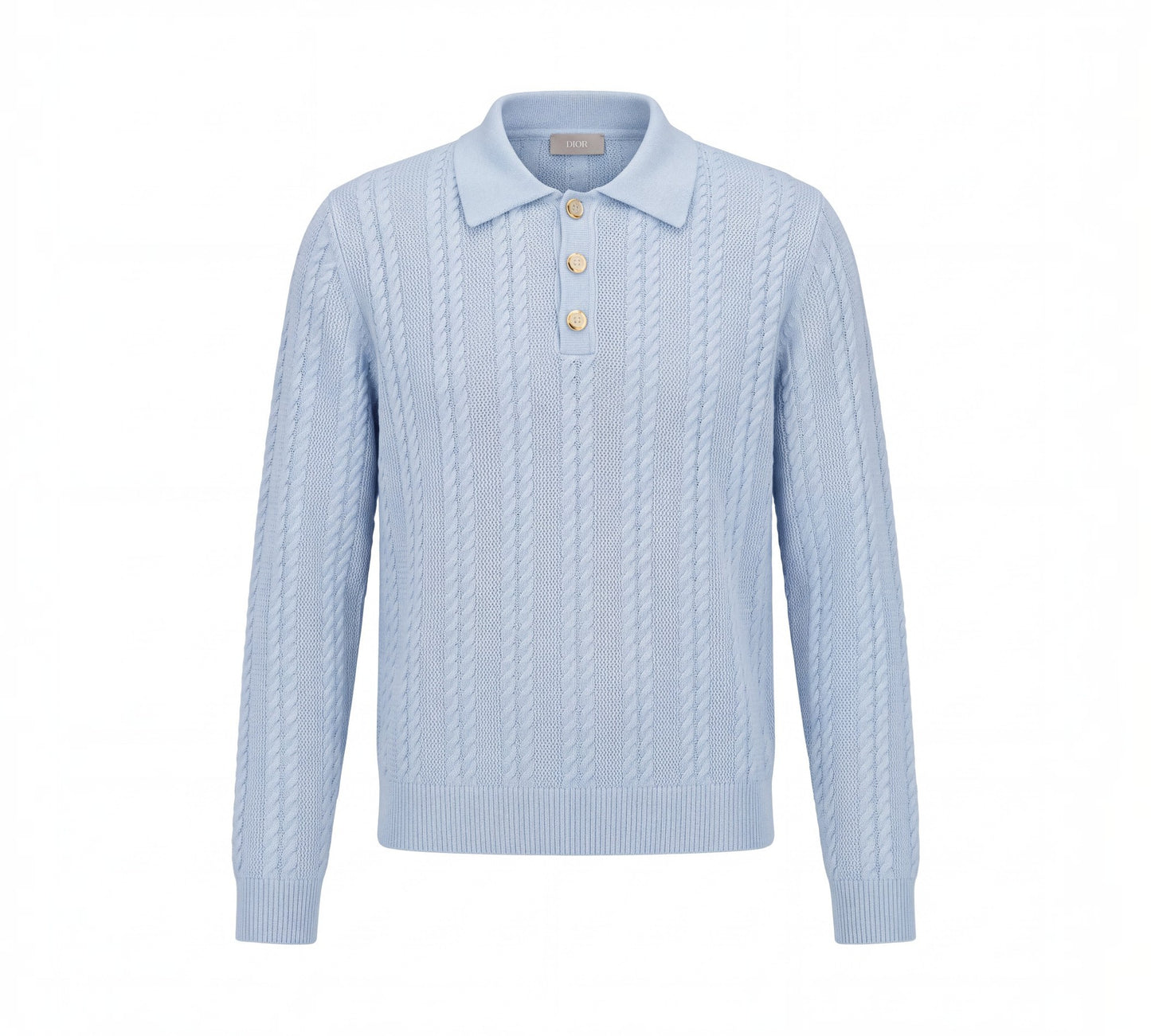 Powder Blue Cable-Knit Polo Sweater with Gold-Tone Buttons - Above the Crowd Boutique