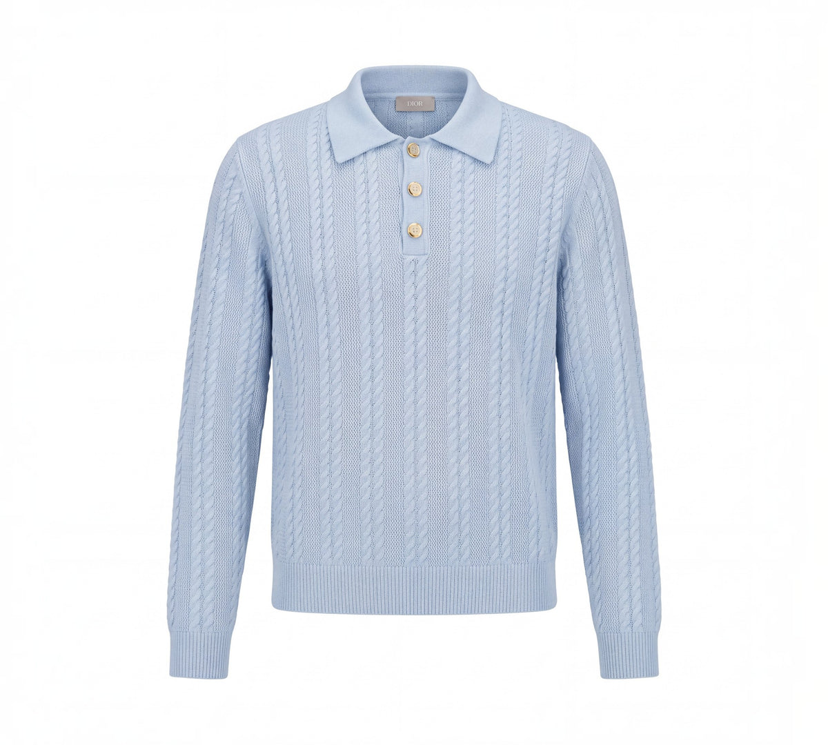 Powder Blue Cable-Knit Polo Sweater with Gold-Tone Buttons - Above the Crowd Boutique