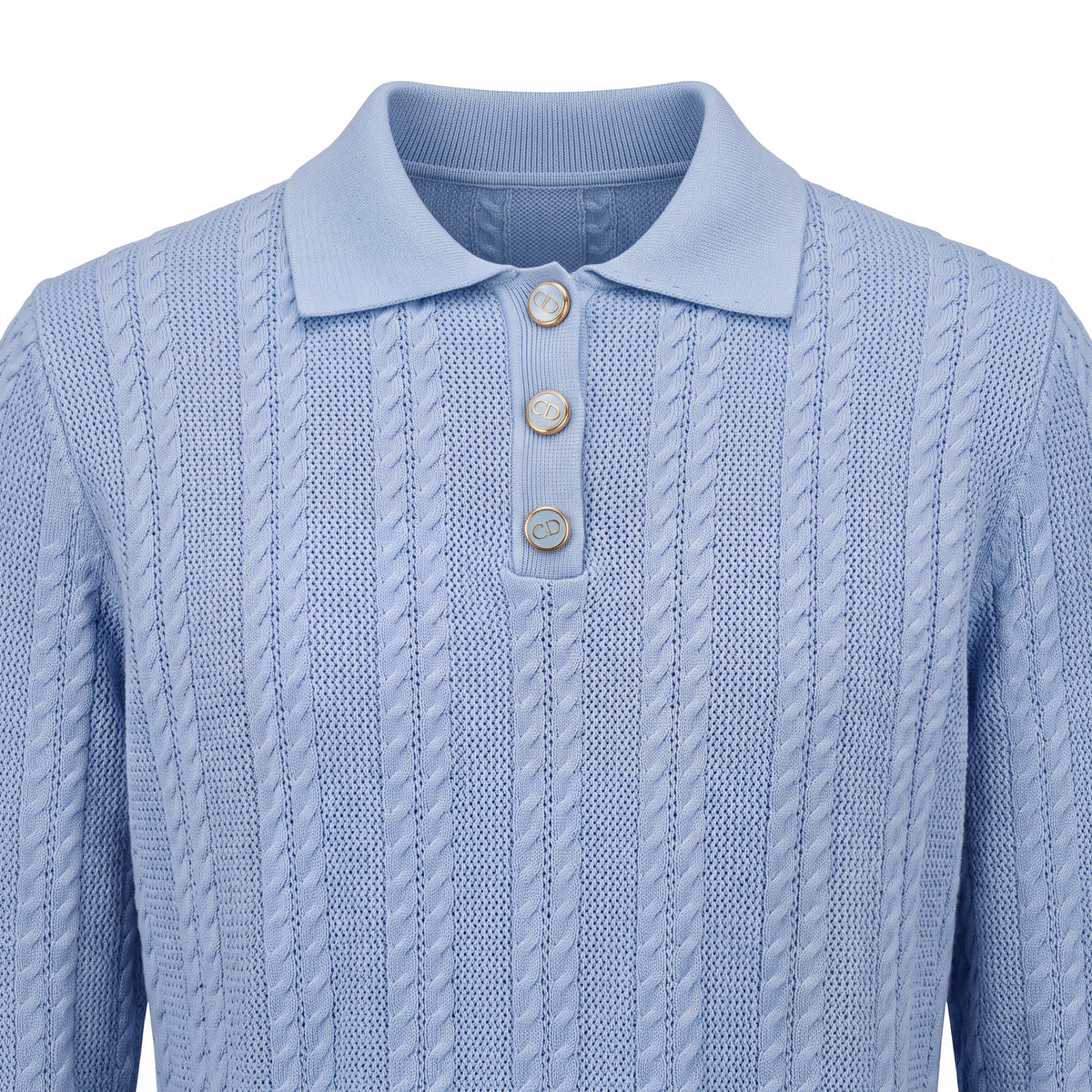 Powder Blue Cable-Knit Polo Sweater with Gold-Tone Buttons - Above the Crowd Boutique