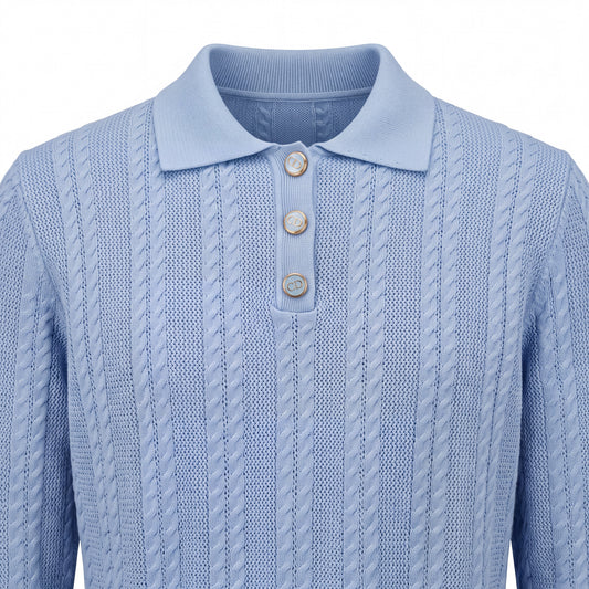 Powder Blue Cable-Knit Polo Sweater with Gold-Tone Buttons - Above the Crowd Boutique