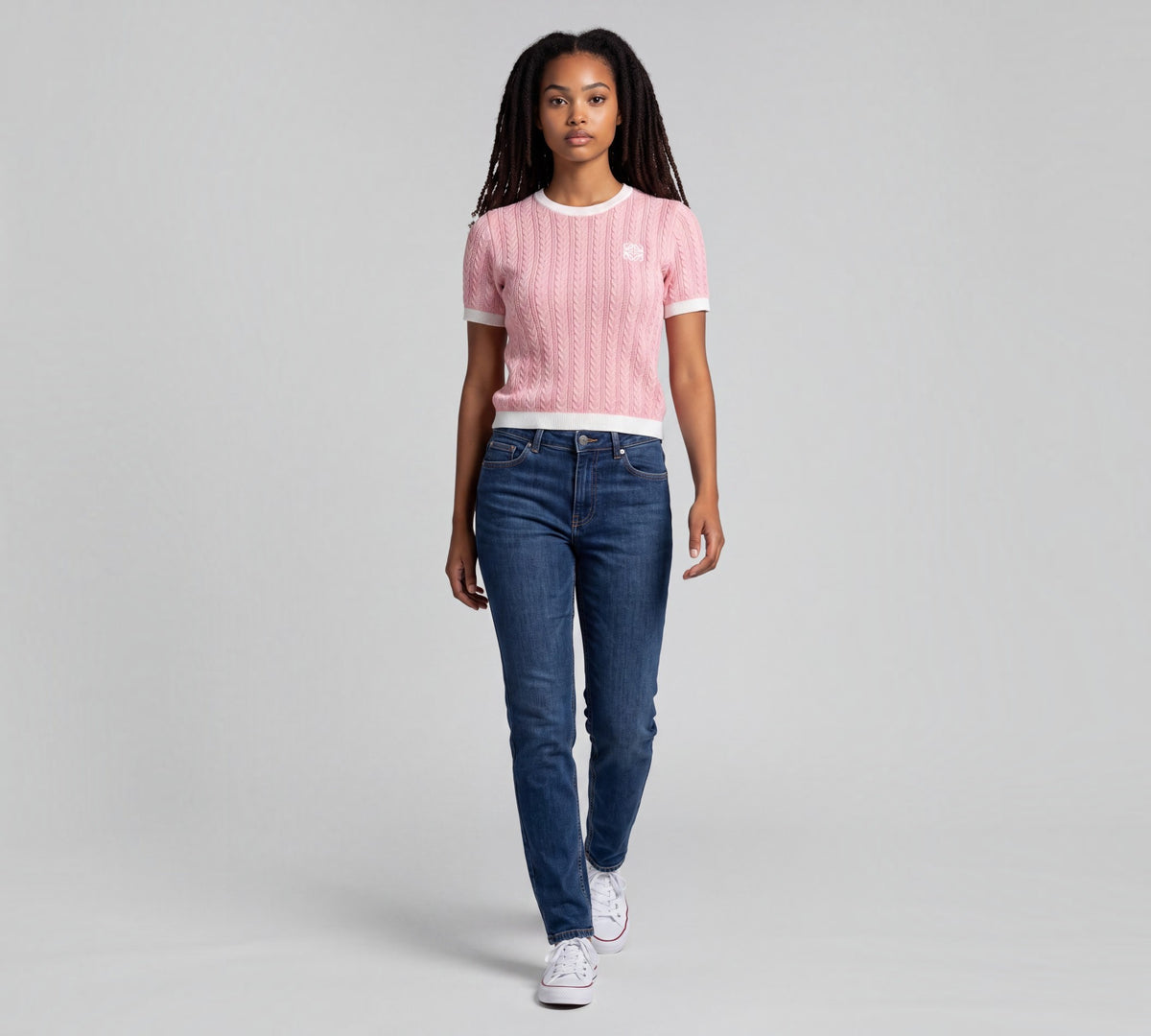 Pink Cable-Knit Short-Sleeve Sweater Top with Contrast Trim